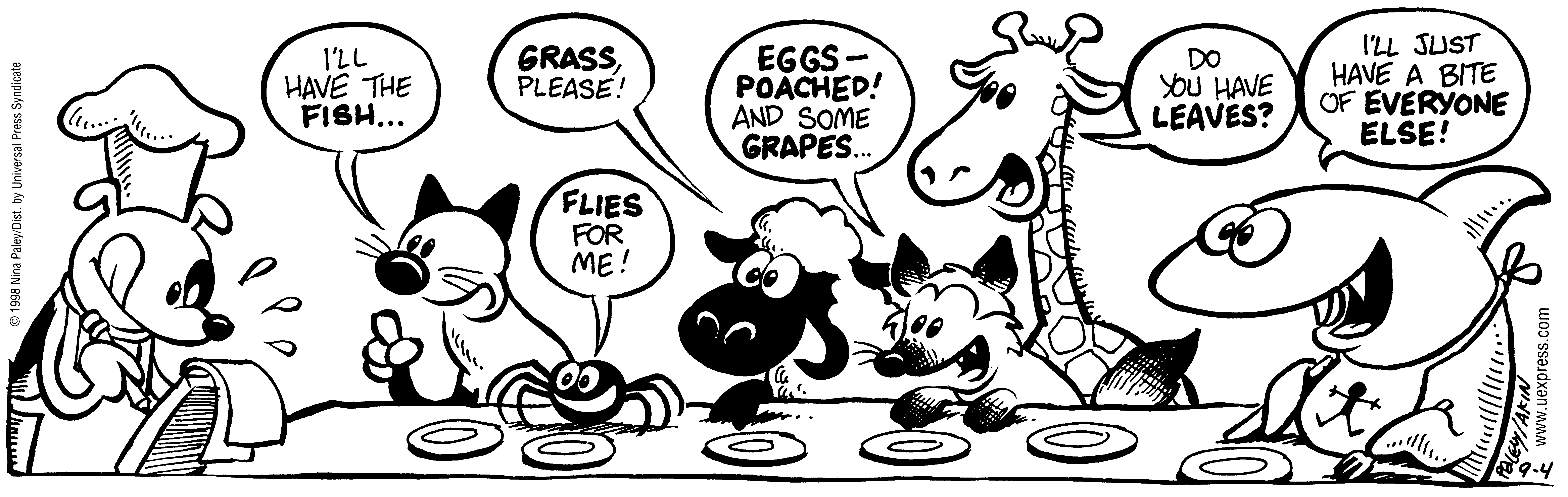 Fluff daily strip, Sep 4, 1998. Nina Paley, CC BY-SA 3.0 US. Print master from https://archive.org/details/FluffComicStrips (TIFF converted losslessly to PNG for the web).