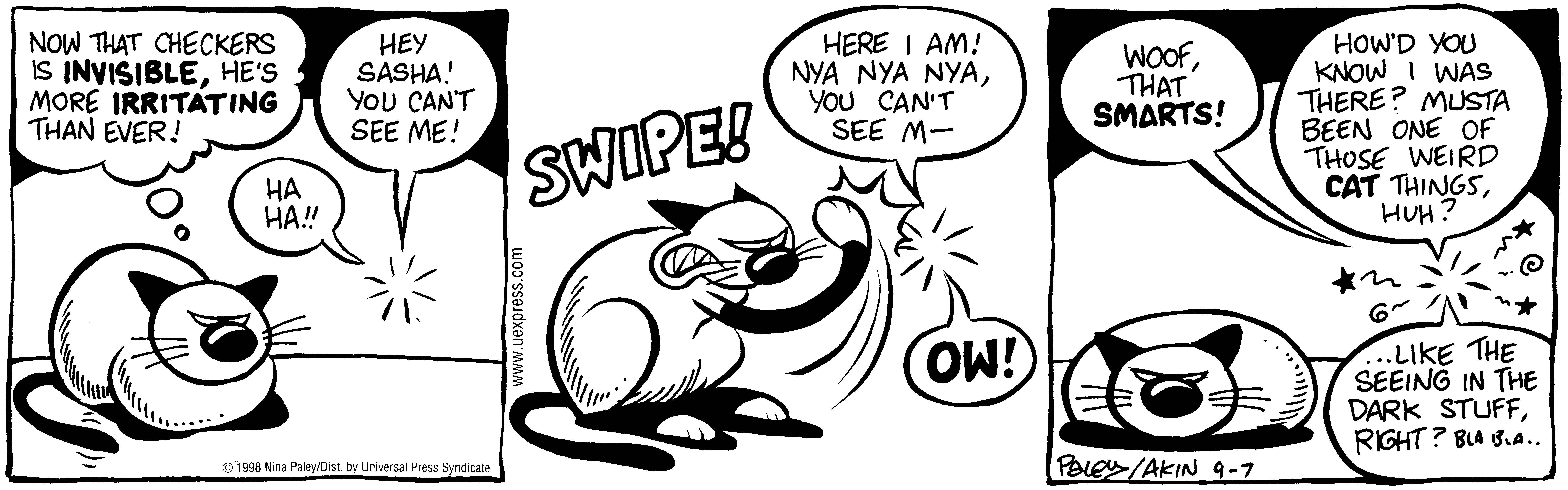 Fluff daily strip, Sep 7, 1998. Nina Paley, CC BY-SA 3.0 US. Print master from https://archive.org/details/FluffComicStrips (TIFF converted losslessly to PNG for the web).