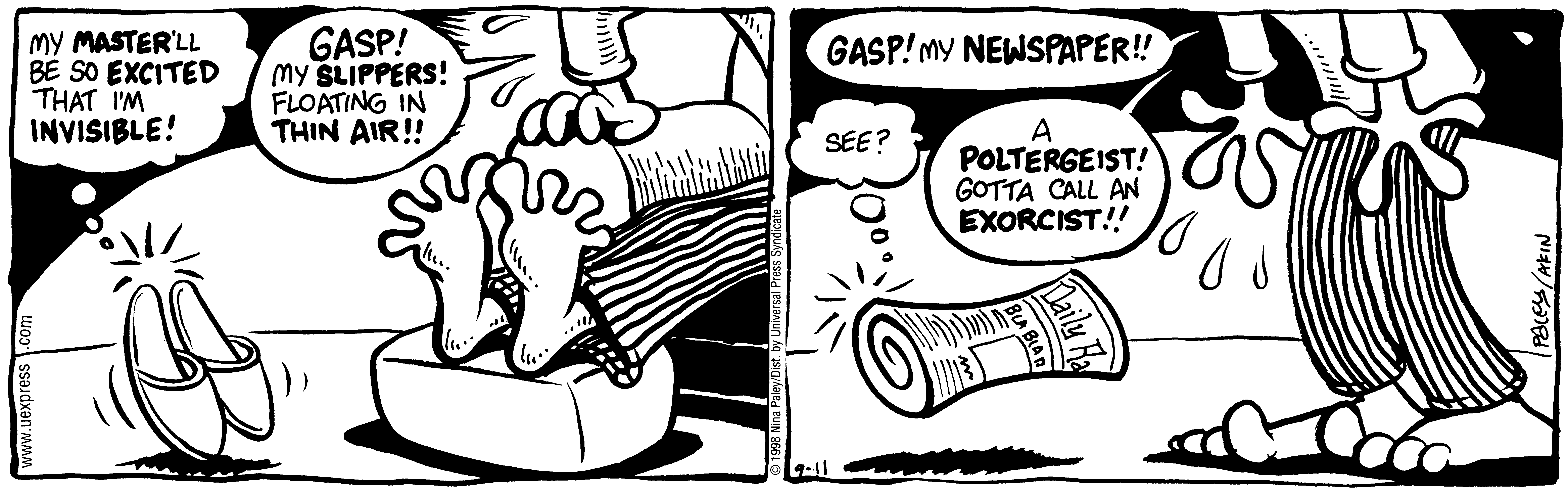 Fluff daily strip, Sep 11, 1998. Nina Paley, CC BY-SA 3.0 US. Print master from https://archive.org/details/FluffComicStrips (TIFF converted losslessly to PNG for the web).