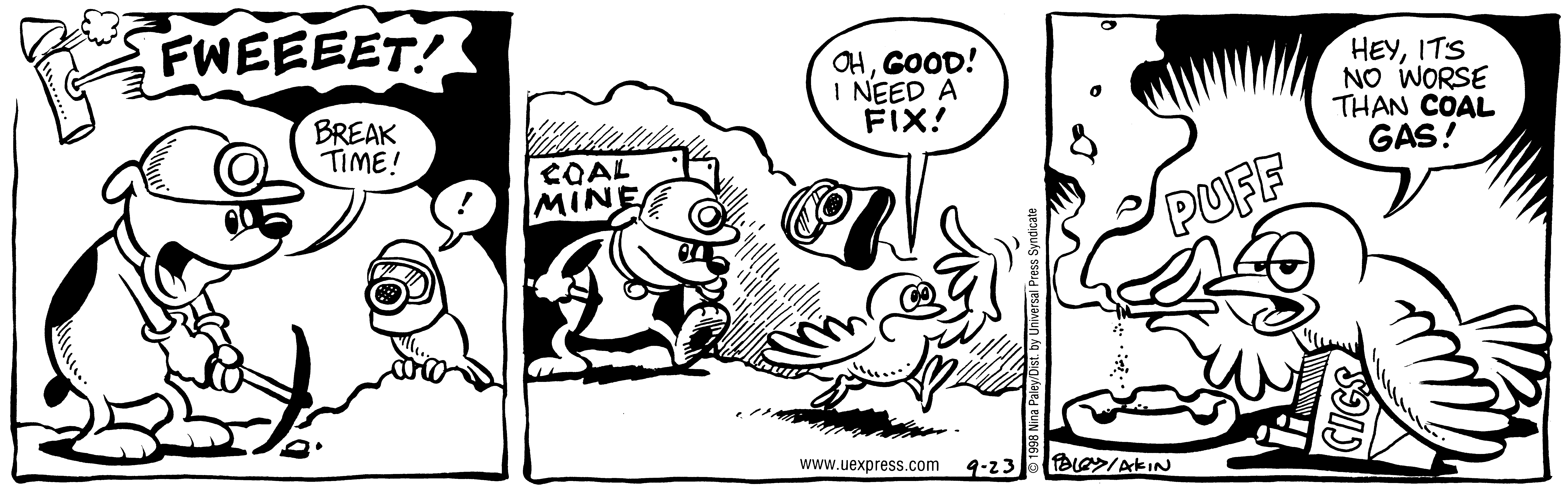 Fluff daily strip, Sep 23, 1998. Nina Paley, CC BY-SA 3.0 US. Print master from https://archive.org/details/FluffComicStrips (TIFF converted losslessly to PNG for the web).
