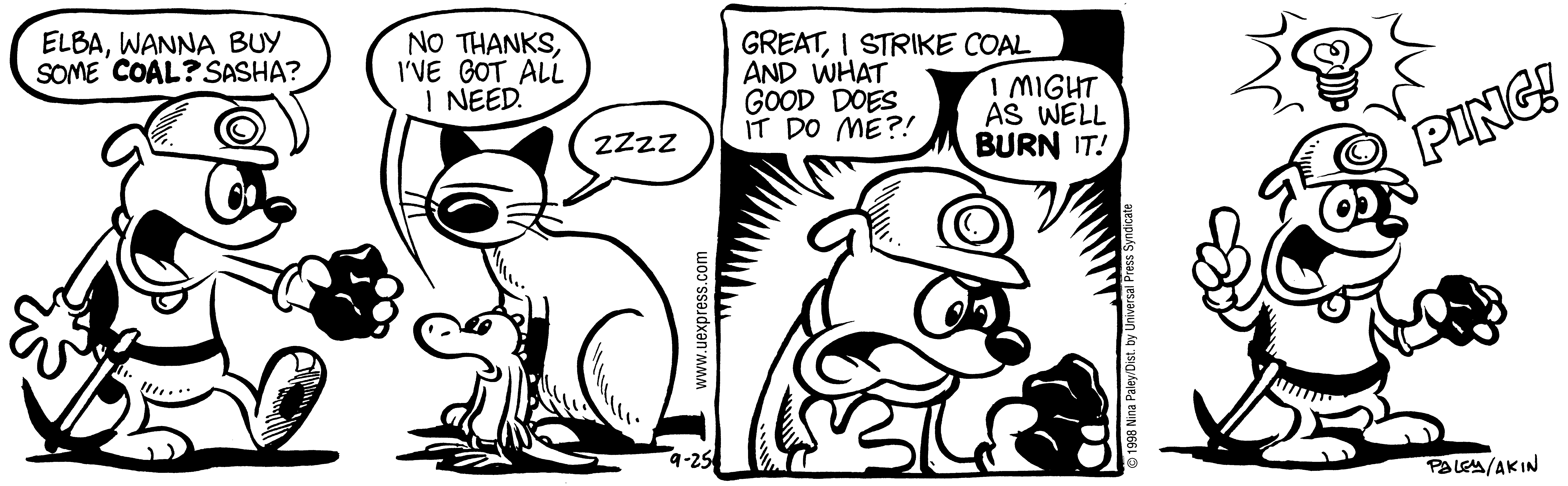 Fluff daily strip, Sep 25, 1998. Nina Paley, CC BY-SA 3.0 US. Print master from https://archive.org/details/FluffComicStrips (TIFF converted losslessly to PNG for the web).
