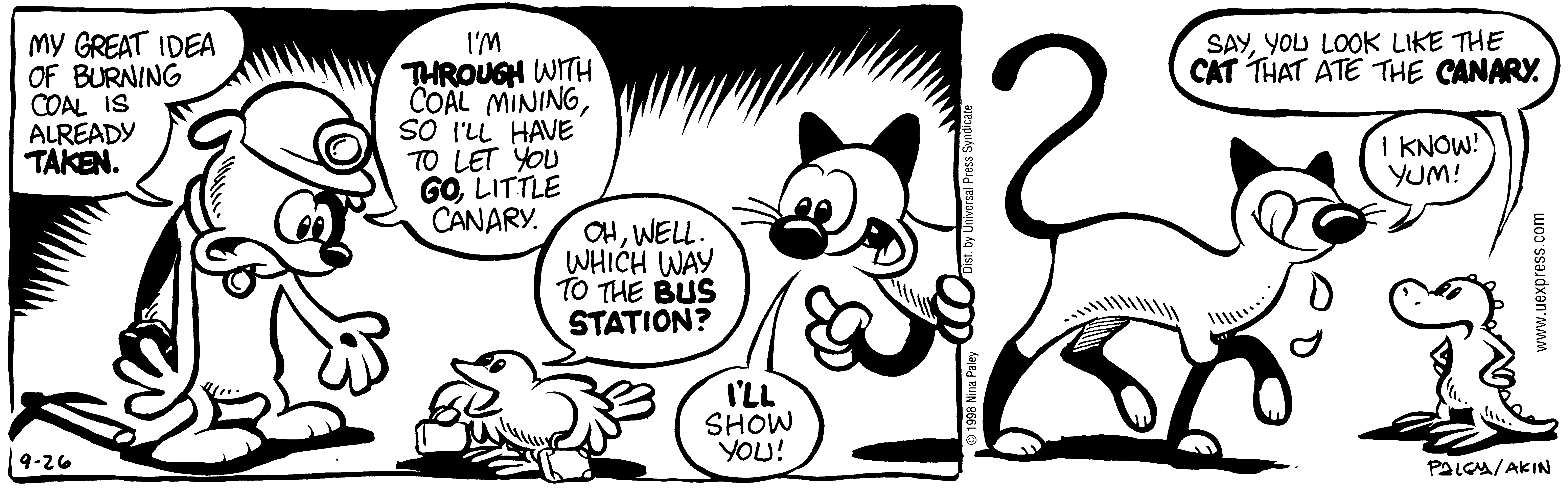 Fluff daily strip, Sep 26, 1998. Nina Paley, CC BY-SA 3.0 US. Print master from https://archive.org/details/FluffComicStrips (TIFF converted losslessly to PNG for the web).