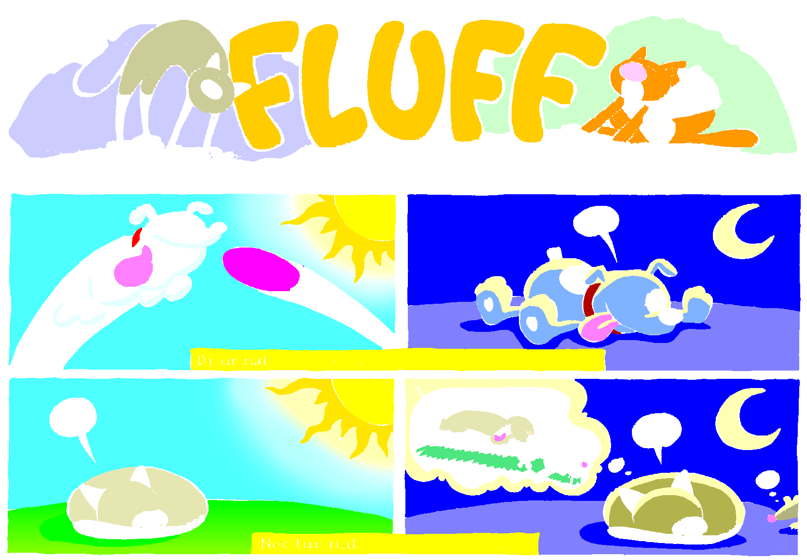 Fluff sunday strip, Sep 27, 1998. Nina Paley, CC BY-SA 3.0 US. Print master from https://archive.org/details/FluffComicStrips (TIFF converted losslessly to PNG for the web).