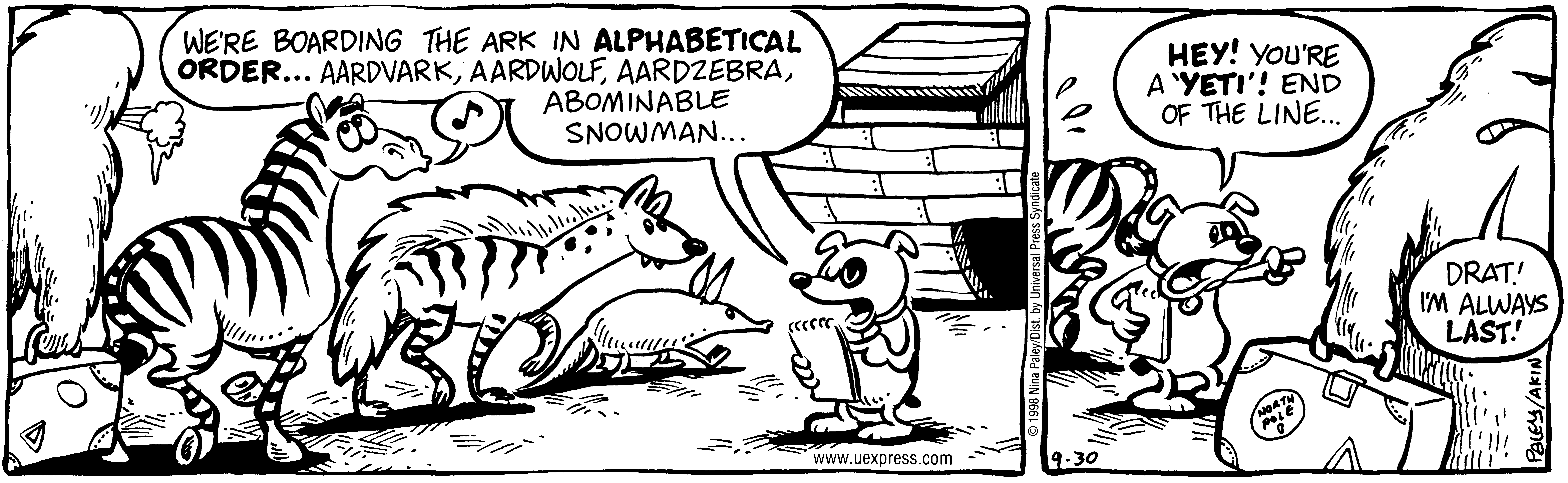 Fluff daily strip, Sep 30, 1998. Nina Paley, CC BY-SA 3.0 US. Print master from https://archive.org/details/FluffComicStrips (TIFF converted losslessly to PNG for the web).