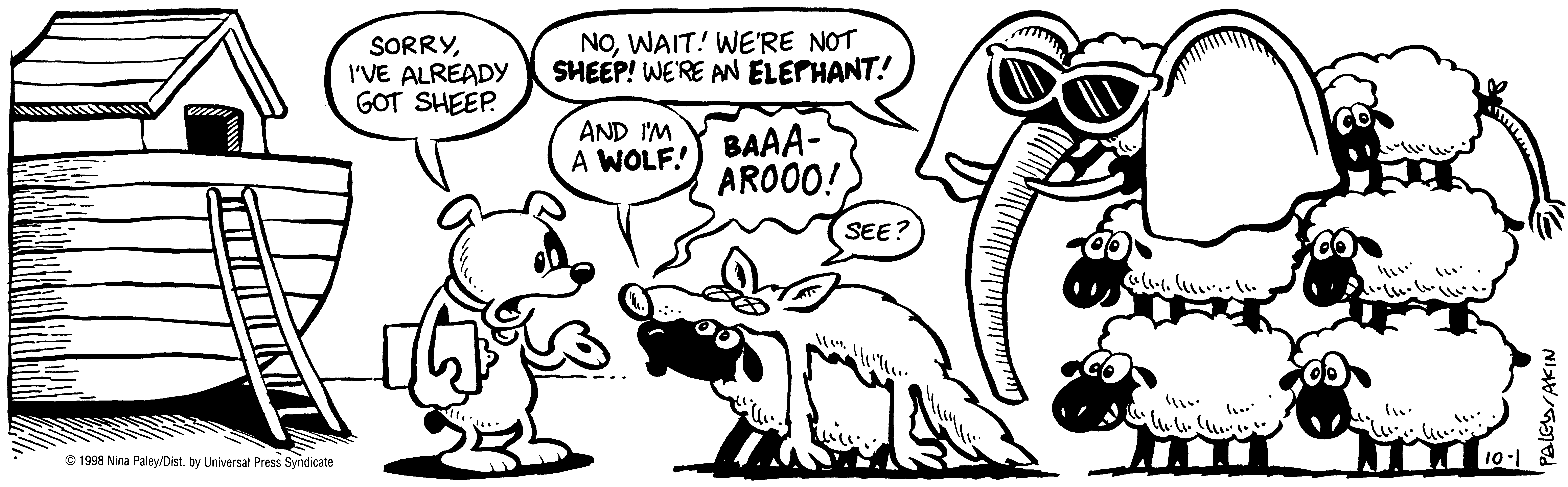 Fluff daily strip, Oct 1, 1998. Nina Paley, CC BY-SA 3.0 US. Print master from https://archive.org/details/FluffComicStrips (TIFF converted losslessly to PNG for the web).