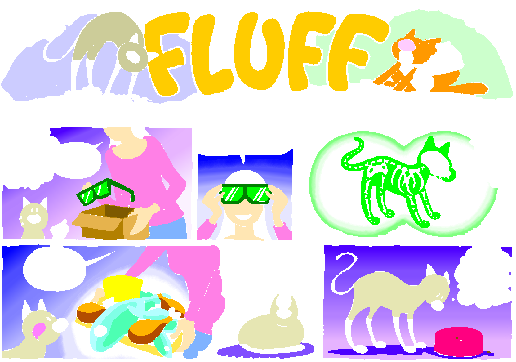 Fluff sunday strip, Oct 4, 1998. Nina Paley, CC BY-SA 3.0 US. Print master from https://archive.org/details/FluffComicStrips (TIFF converted losslessly to PNG for the web).