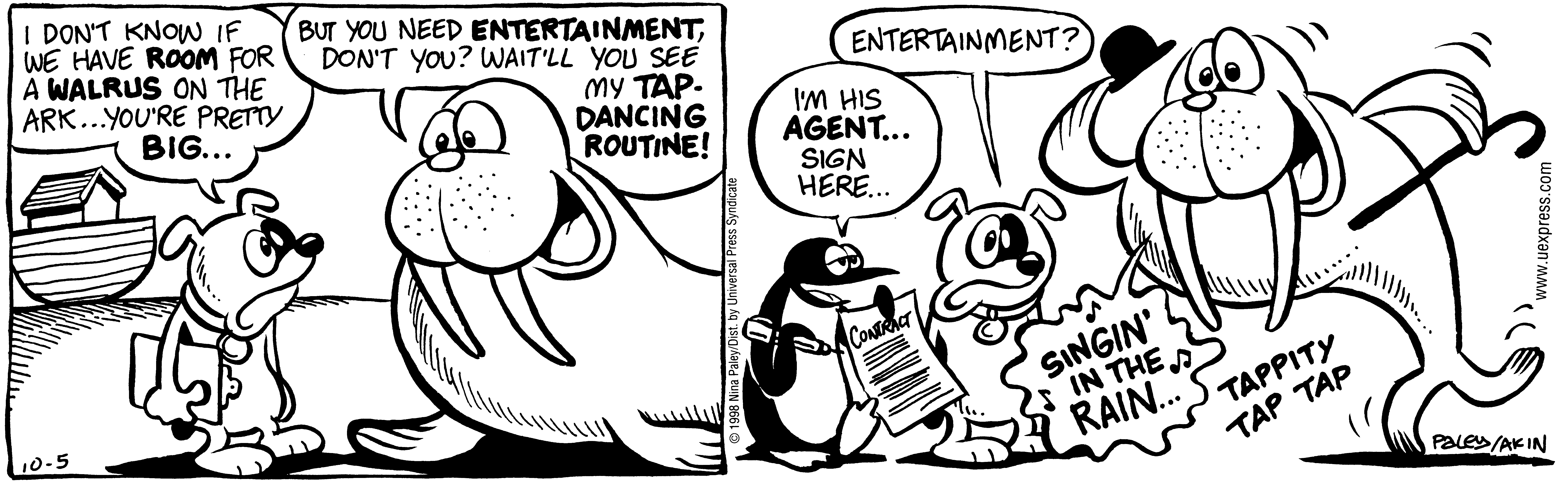 Fluff daily strip, Oct 5, 1998. Nina Paley, CC BY-SA 3.0 US. Print master from https://archive.org/details/FluffComicStrips (TIFF converted losslessly to PNG for the web).