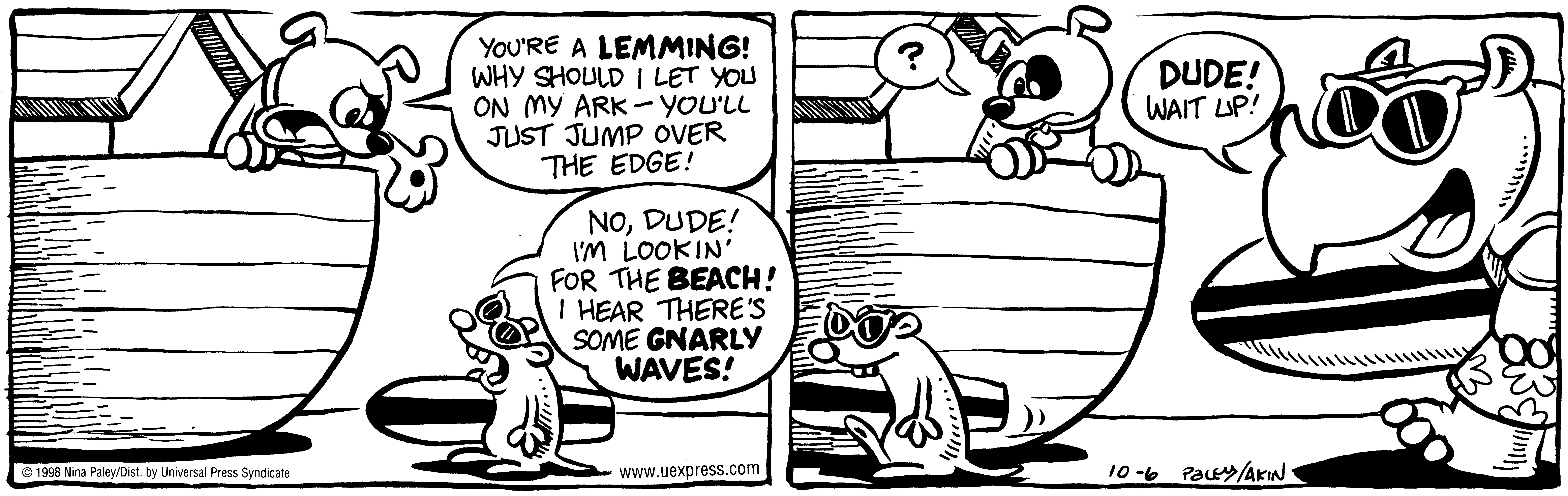 Fluff daily strip, Oct 6, 1998. Nina Paley, CC BY-SA 3.0 US. Print master from https://archive.org/details/FluffComicStrips (TIFF converted losslessly to PNG for the web).