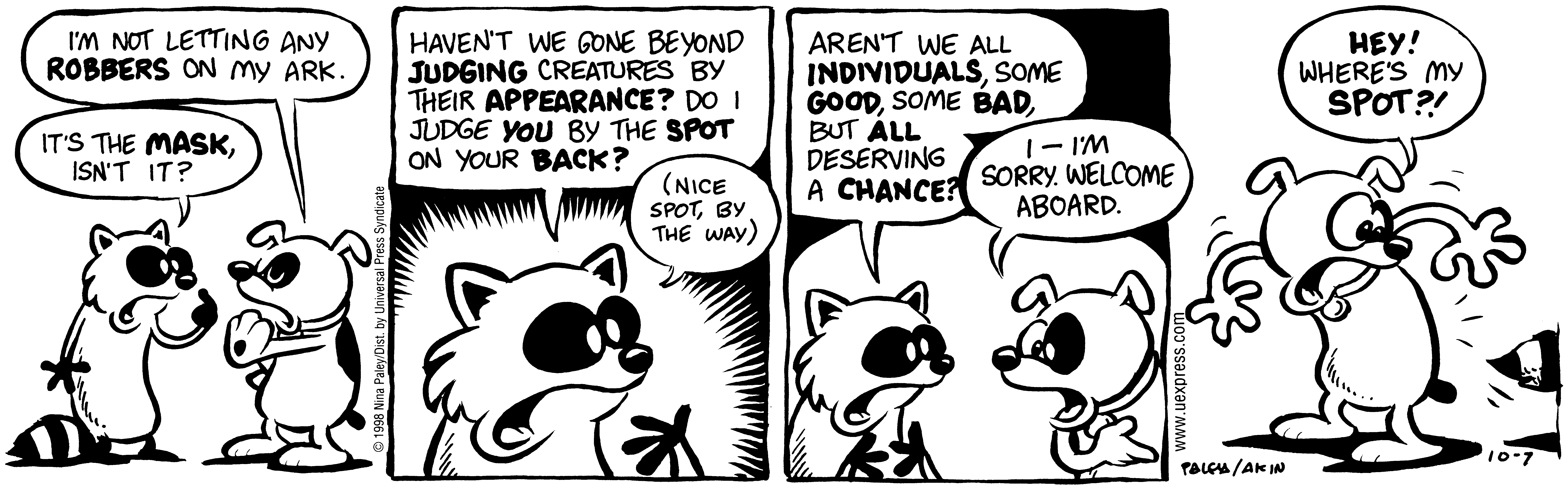 Fluff daily strip, Oct 7, 1998. Nina Paley, CC BY-SA 3.0 US. Print master from https://archive.org/details/FluffComicStrips (TIFF converted losslessly to PNG for the web).