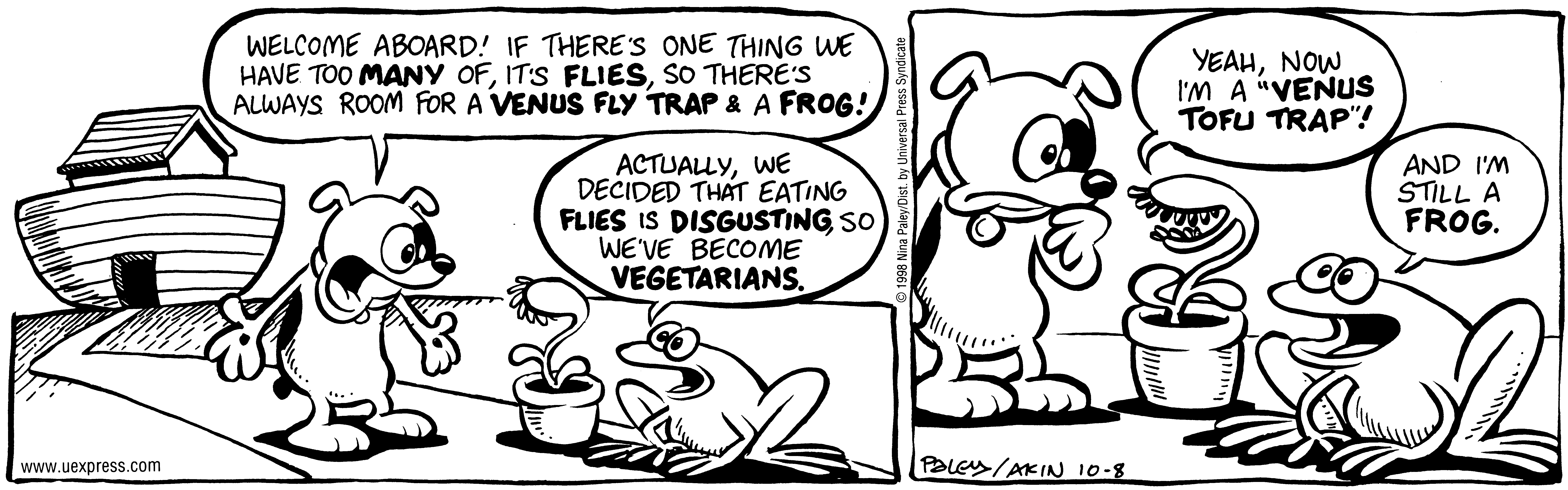 Fluff daily strip, Oct 8, 1998. Nina Paley, CC BY-SA 3.0 US. Print master from https://archive.org/details/FluffComicStrips (TIFF converted losslessly to PNG for the web).