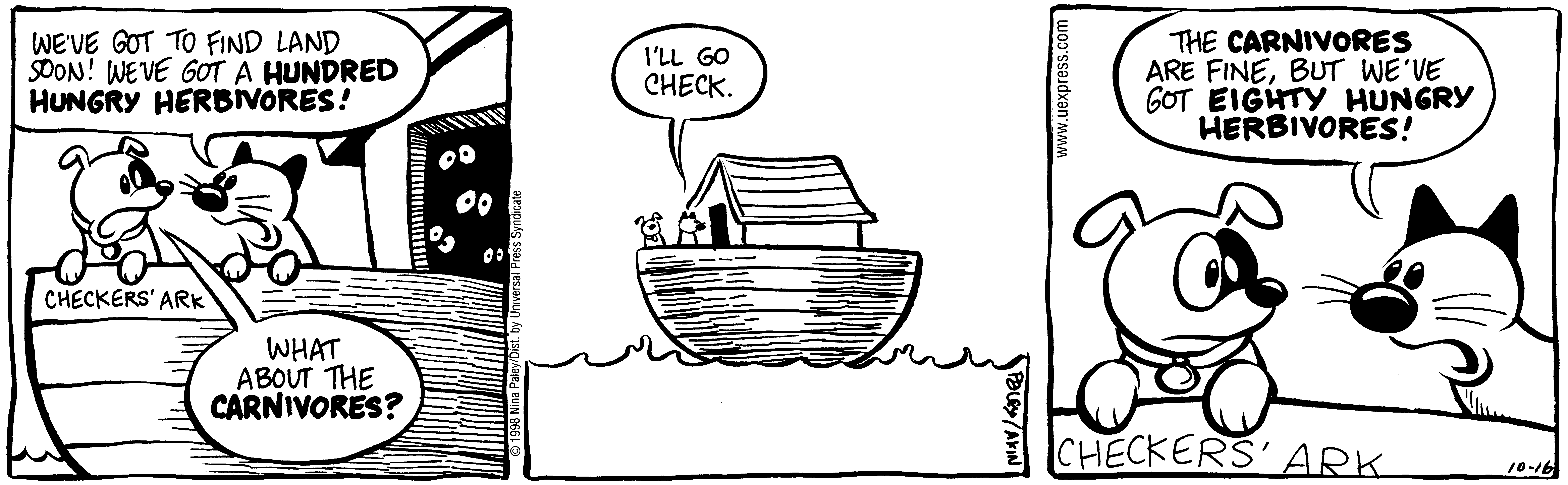 Fluff daily strip, Oct 16, 1998. Nina Paley, CC BY-SA 3.0 US. Print master from https://archive.org/details/FluffComicStrips (TIFF converted losslessly to PNG for the web).