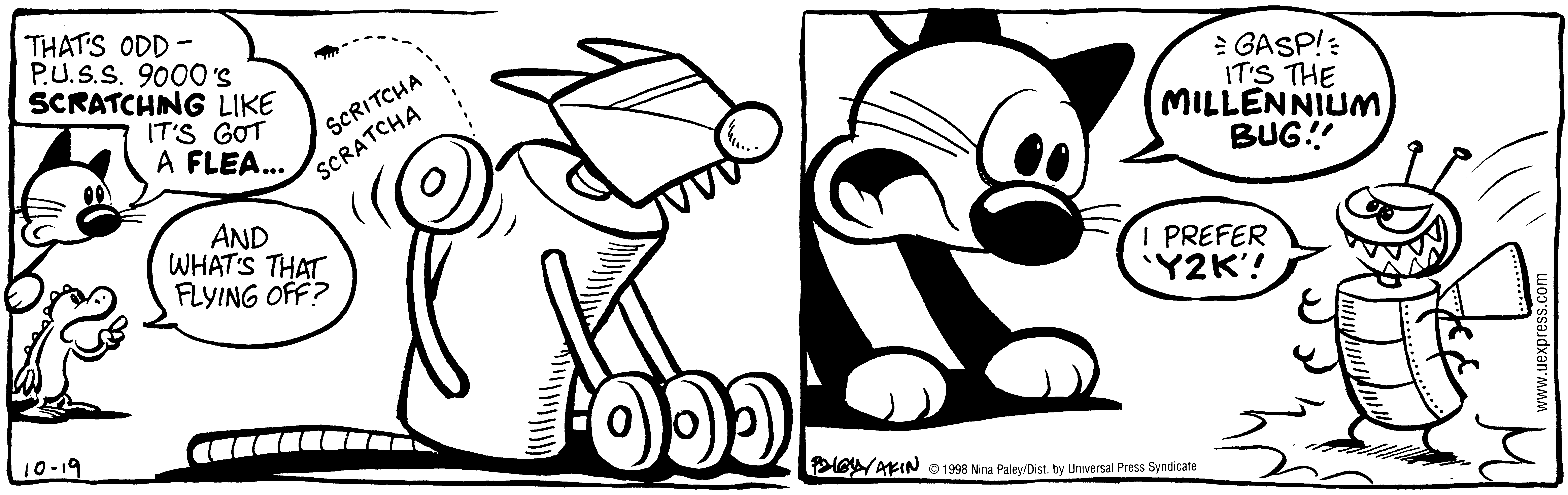 Fluff daily strip, Oct 19, 1998. Nina Paley, CC BY-SA 3.0 US. Print master from https://archive.org/details/FluffComicStrips (TIFF converted losslessly to PNG for the web).