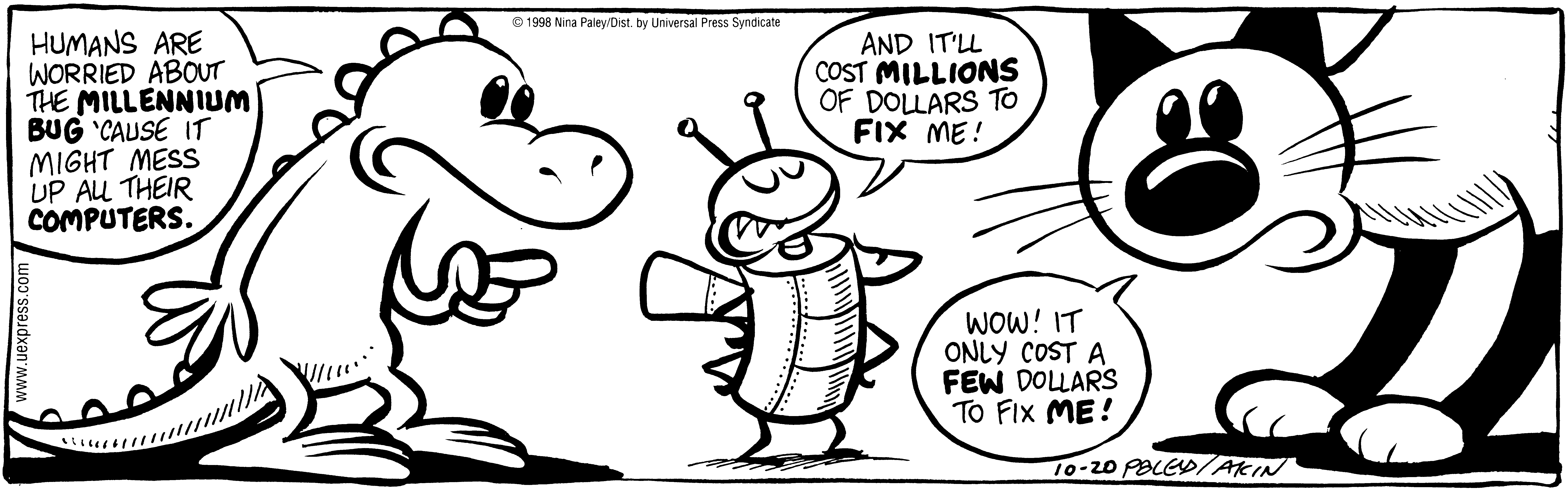 Fluff daily strip, Oct 20, 1998. Nina Paley, CC BY-SA 3.0 US. Print master from https://archive.org/details/FluffComicStrips (TIFF converted losslessly to PNG for the web).