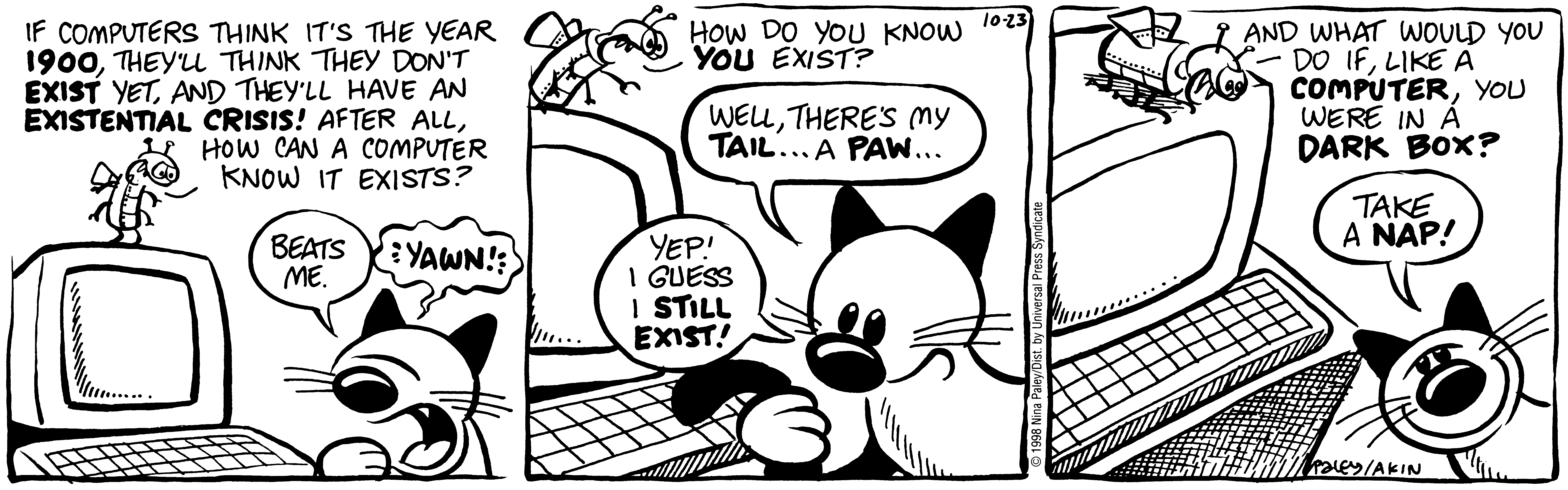 Fluff daily strip, Oct 23, 1998. Nina Paley, CC BY-SA 3.0 US. Print master from https://archive.org/details/FluffComicStrips (TIFF converted losslessly to PNG for the web).