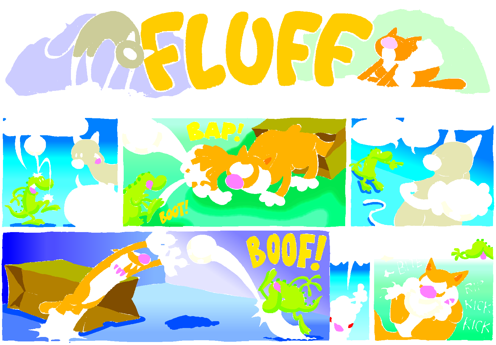 Fluff sunday strip, Oct 25, 1998. Nina Paley, CC BY-SA 3.0 US. Print master from https://archive.org/details/FluffComicStrips (TIFF converted losslessly to PNG for the web).