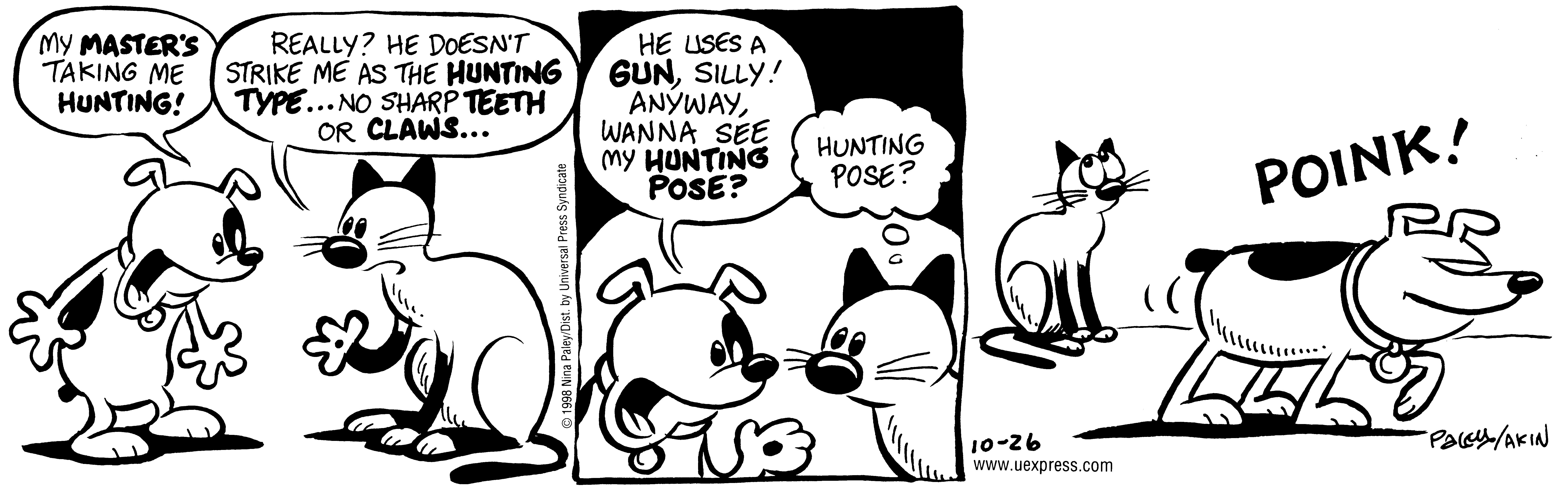 Fluff daily strip, Oct 26, 1998. Nina Paley, CC BY-SA 3.0 US. Print master from https://archive.org/details/FluffComicStrips (TIFF converted losslessly to PNG for the web).