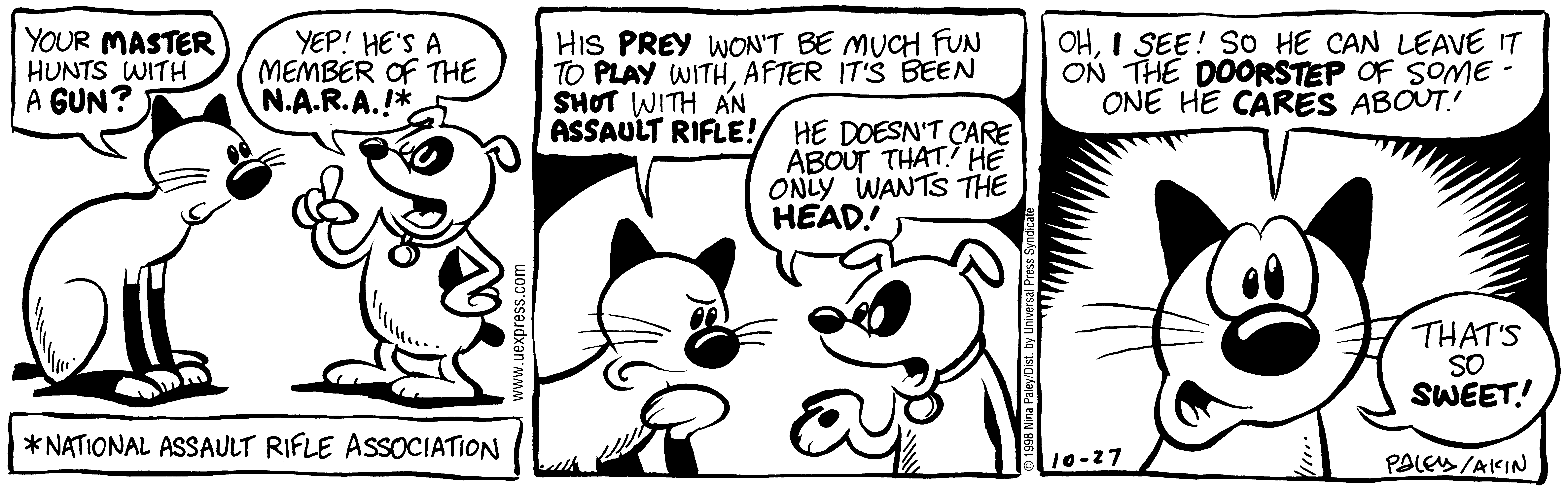 Fluff daily strip, Oct 27, 1998. Nina Paley, CC BY-SA 3.0 US. Print master from https://archive.org/details/FluffComicStrips (TIFF converted losslessly to PNG for the web).