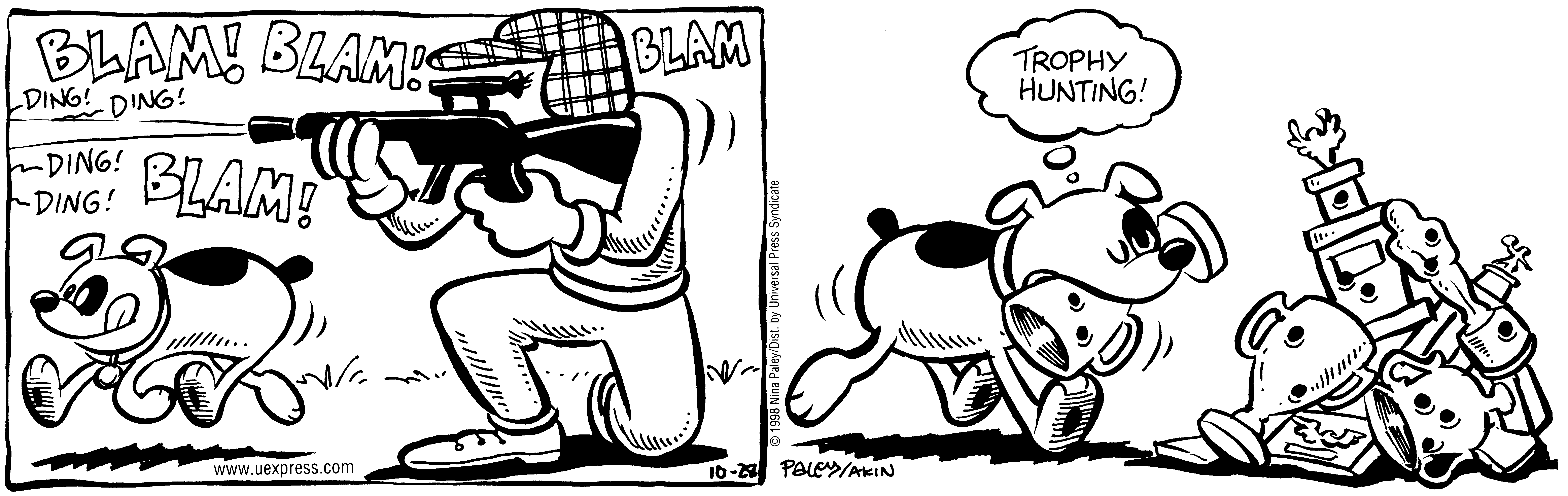 Fluff daily strip, Oct 28, 1998. Nina Paley, CC BY-SA 3.0 US. Print master from https://archive.org/details/FluffComicStrips (TIFF converted losslessly to PNG for the web).