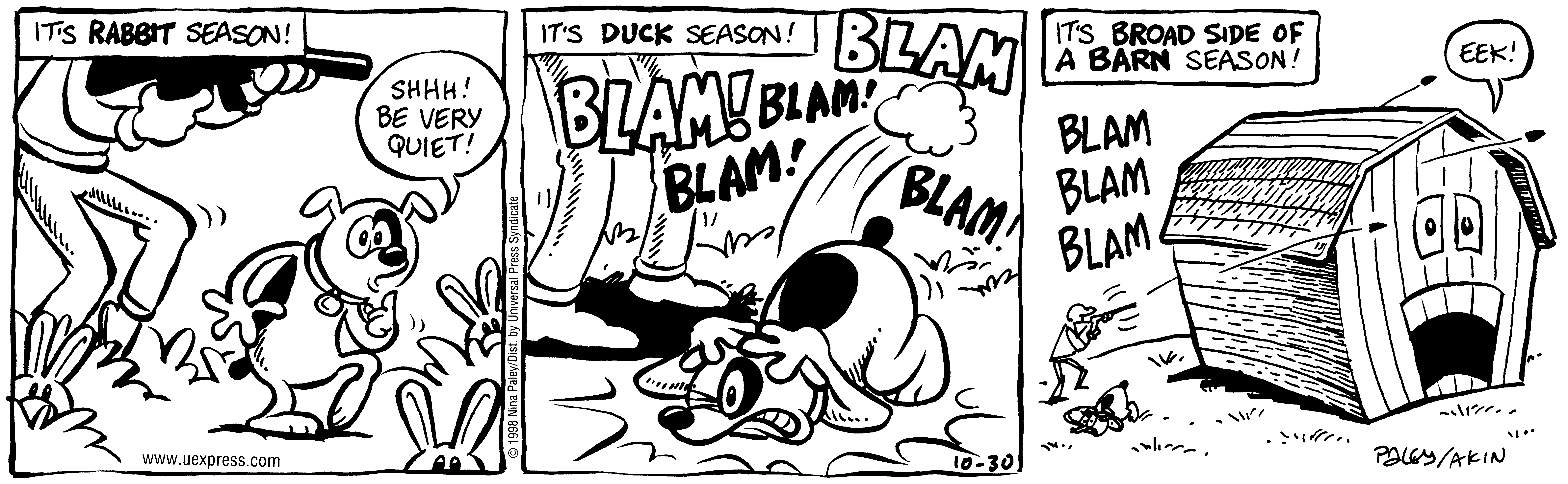 Fluff daily strip, Oct 30, 1998. Nina Paley, CC BY-SA 3.0 US. Print master from https://archive.org/details/FluffComicStrips (TIFF converted losslessly to PNG for the web).