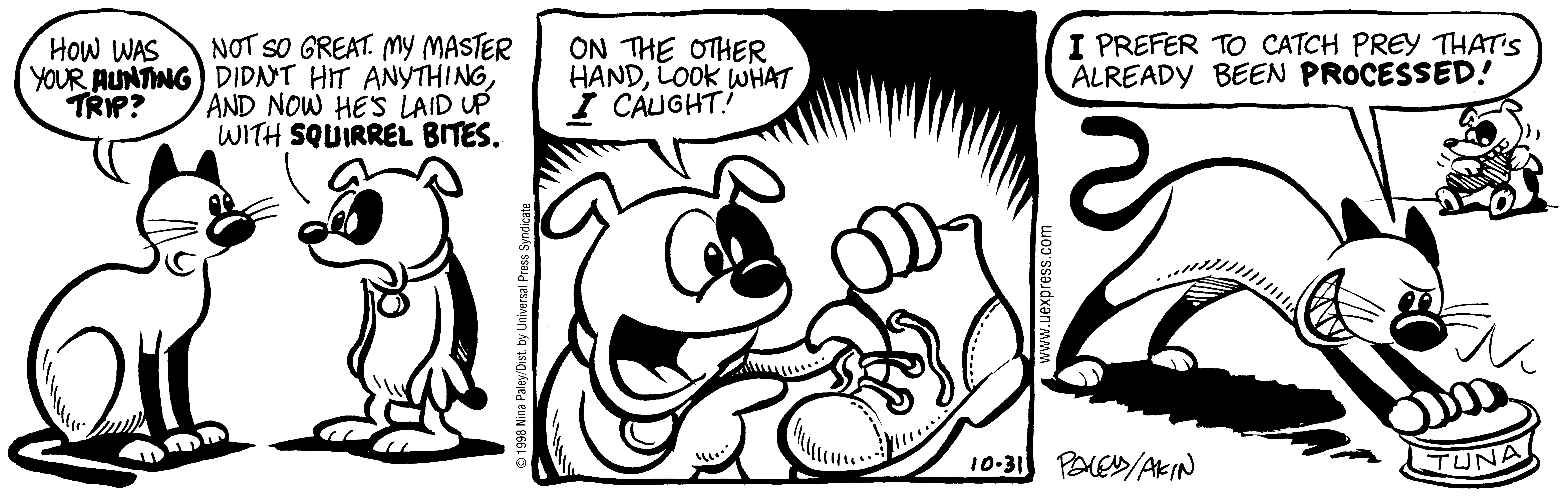 Fluff daily strip, Oct 31, 1998. Nina Paley, CC BY-SA 3.0 US. Print master from https://archive.org/details/FluffComicStrips (TIFF converted losslessly to PNG for the web).