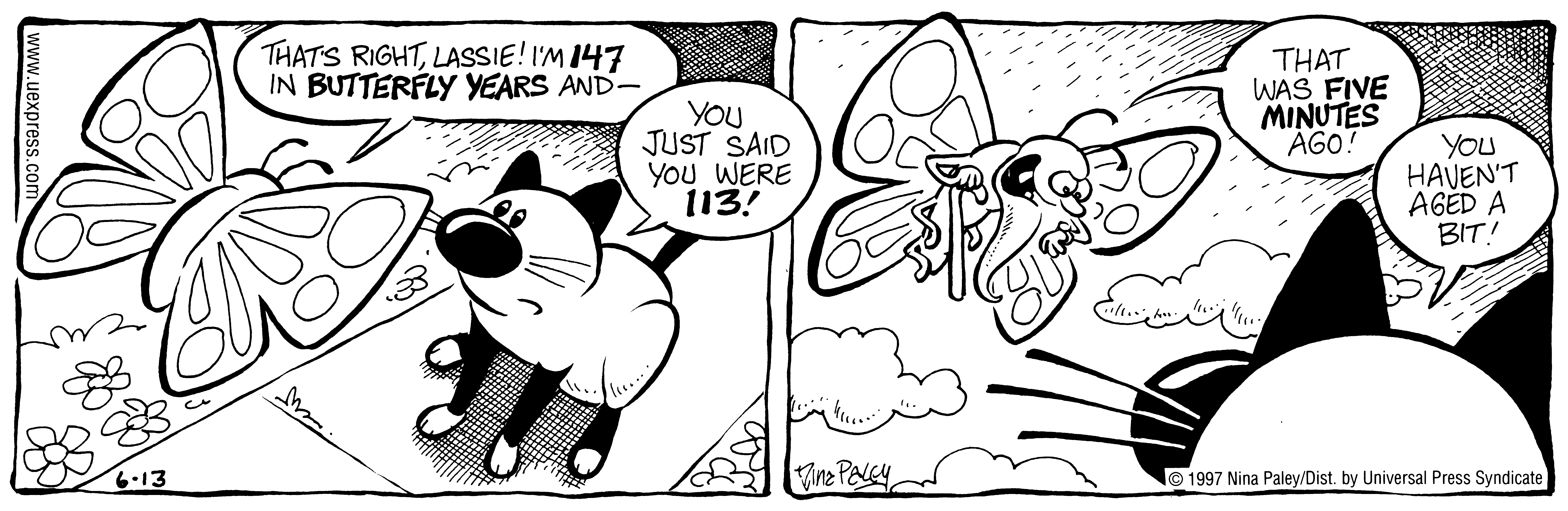 Fluff daily strip, Jun 13, 1997. Nina Paley, CC BY-SA 3.0 US. Print master from https://archive.org/details/FluffComicStrips (TIFF converted losslessly to PNG for the web).