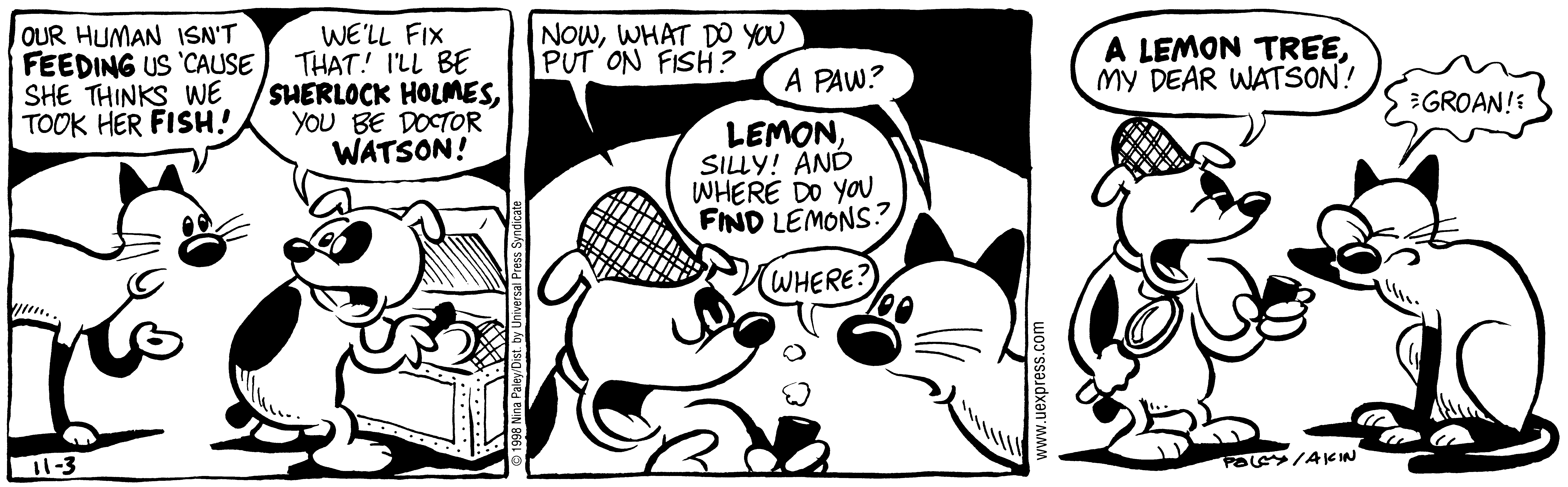 Fluff daily strip, Nov 3, 1998. Nina Paley, CC BY-SA 3.0 US. Print master from https://archive.org/details/FluffComicStrips (TIFF converted losslessly to PNG for the web).