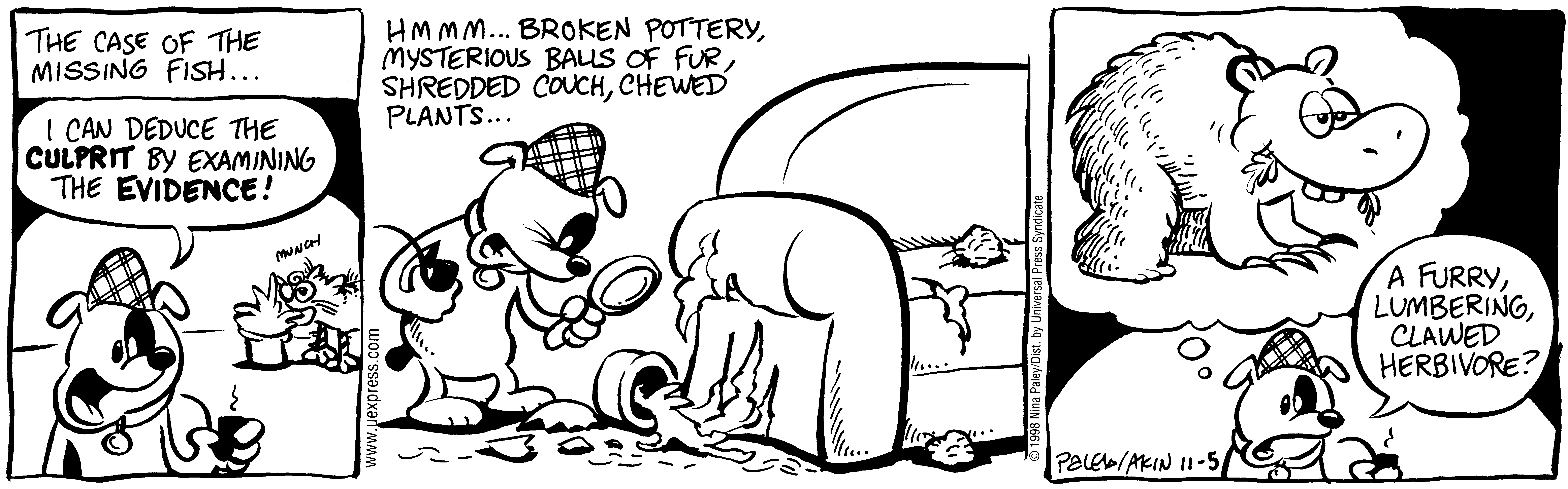 Fluff daily strip, Nov 5, 1998. Nina Paley, CC BY-SA 3.0 US. Print master from https://archive.org/details/FluffComicStrips (TIFF converted losslessly to PNG for the web).