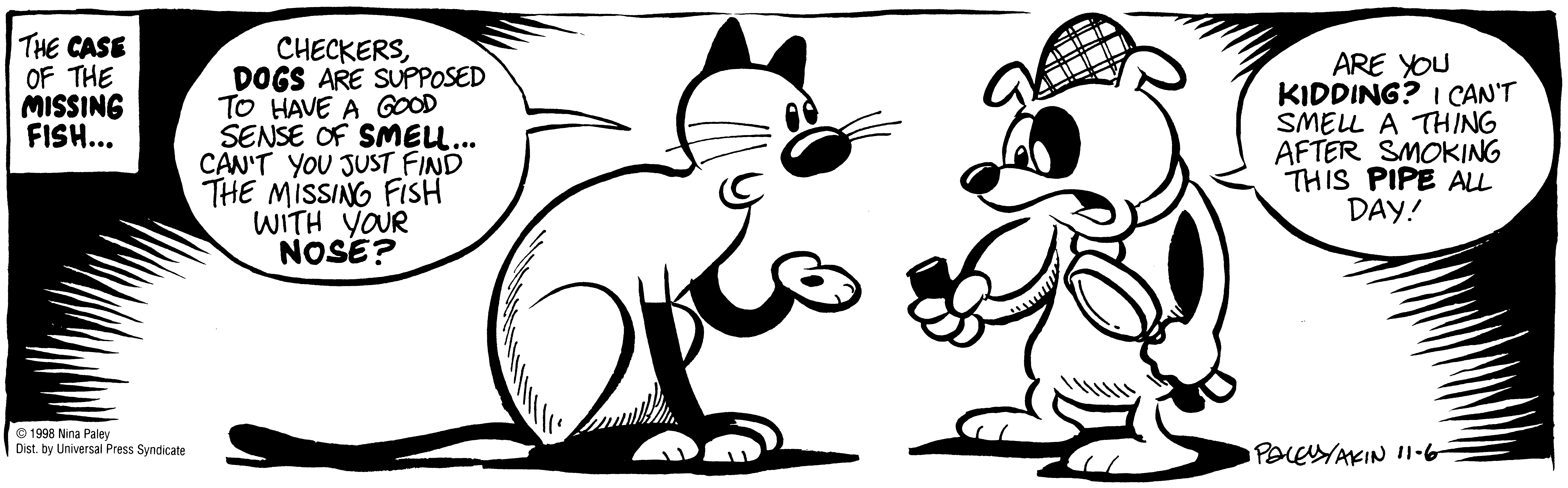 Fluff daily strip, Nov 6, 1998. Nina Paley, CC BY-SA 3.0 US. Print master from https://archive.org/details/FluffComicStrips (TIFF converted losslessly to PNG for the web).