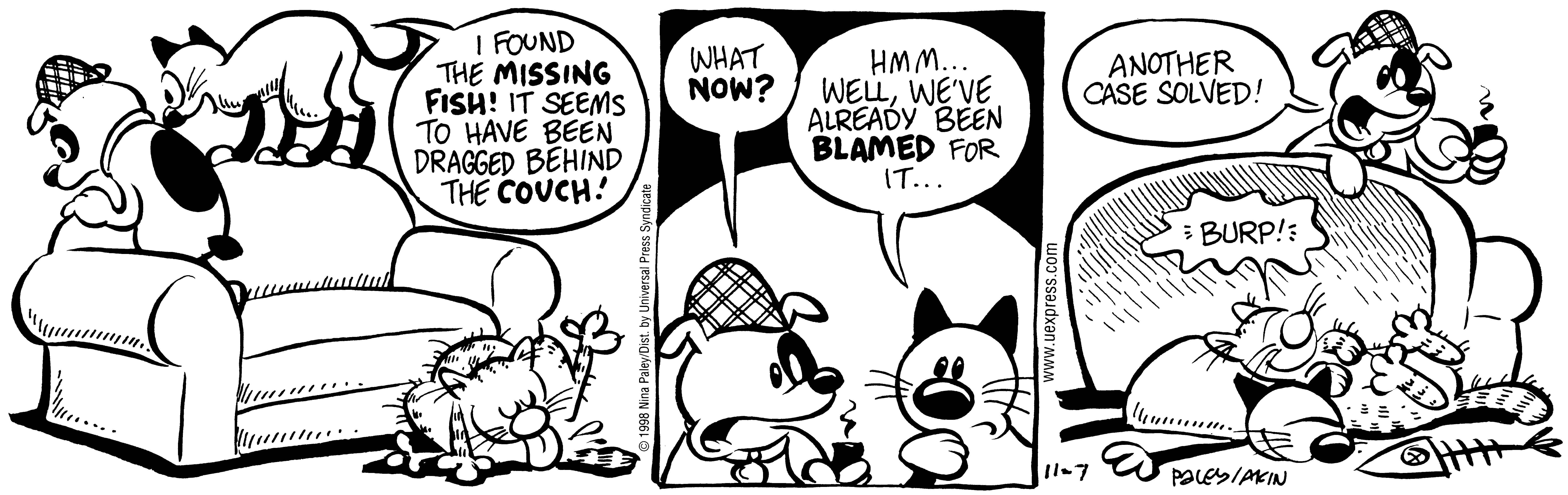 Fluff daily strip, Nov 7, 1998. Nina Paley, CC BY-SA 3.0 US. Print master from https://archive.org/details/FluffComicStrips (TIFF converted losslessly to PNG for the web).