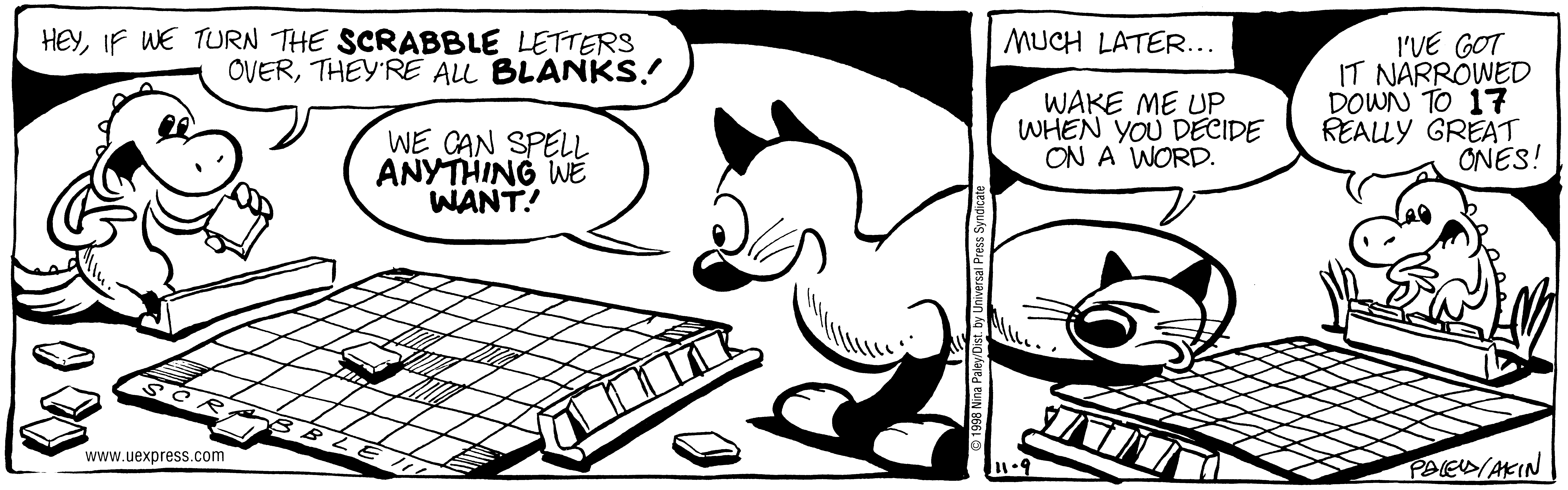 Fluff daily strip, Nov 9, 1998. Nina Paley, CC BY-SA 3.0 US. Print master from https://archive.org/details/FluffComicStrips (TIFF converted losslessly to PNG for the web).