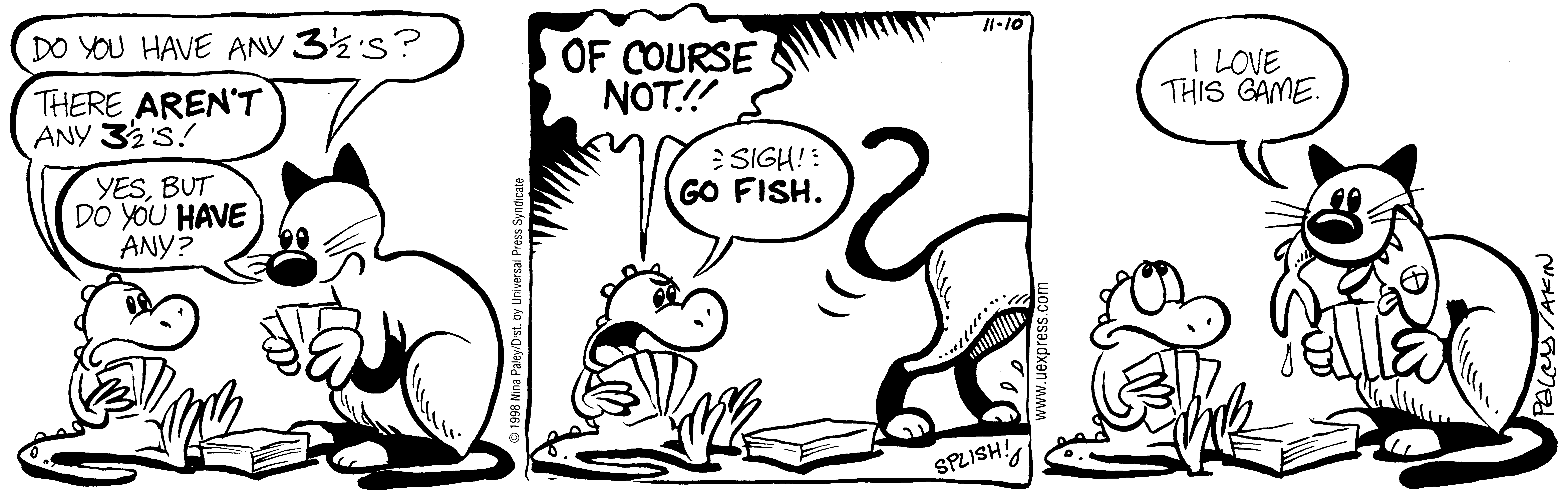 Fluff daily strip, Nov 10, 1998. Nina Paley, CC BY-SA 3.0 US. Print master from https://archive.org/details/FluffComicStrips (TIFF converted losslessly to PNG for the web).