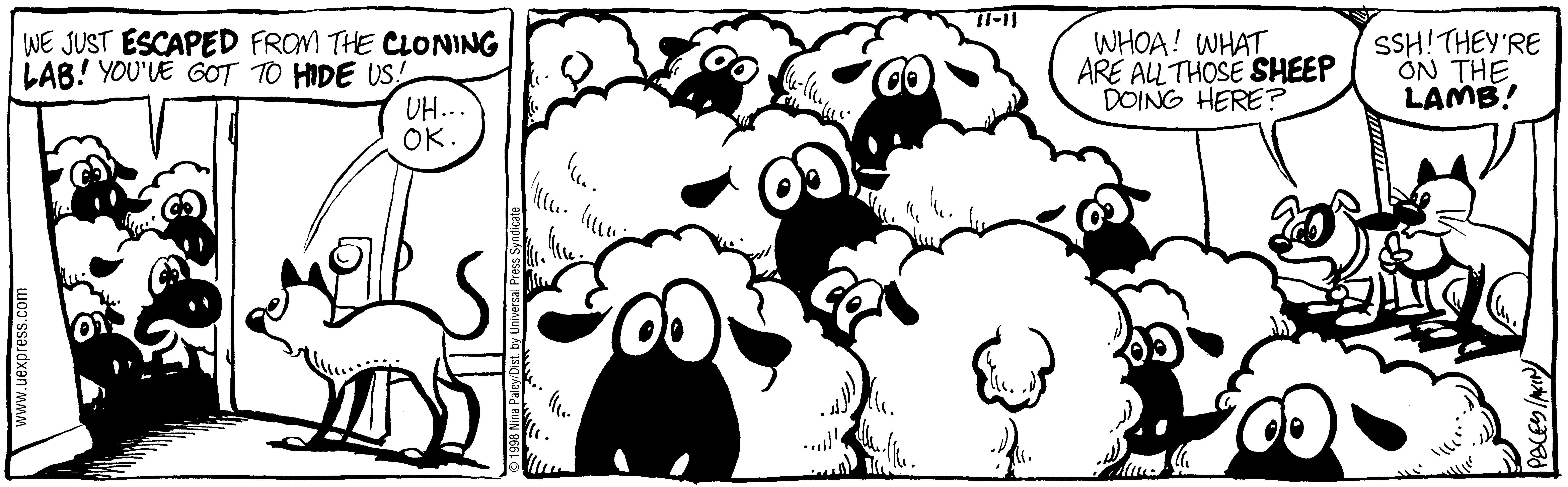 Fluff daily strip, Nov 11, 1998. Nina Paley, CC BY-SA 3.0 US. Print master from https://archive.org/details/FluffComicStrips (TIFF converted losslessly to PNG for the web).