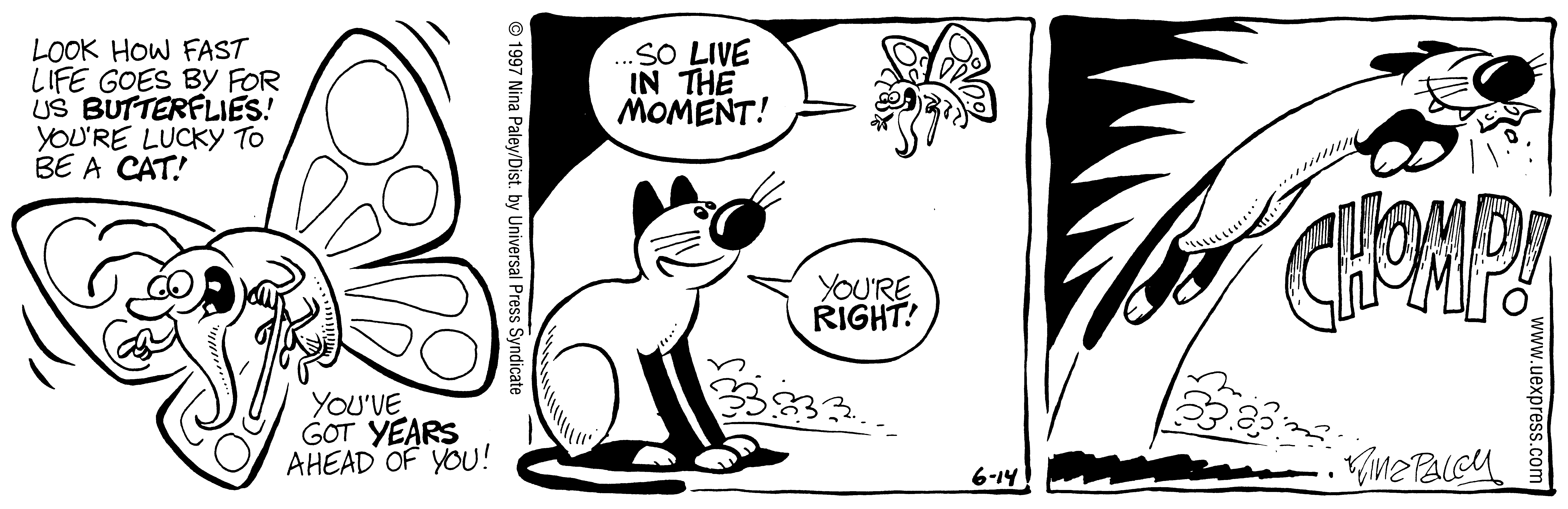 Fluff daily strip, Jun 14, 1997. Nina Paley, CC BY-SA 3.0 US. Print master from https://archive.org/details/FluffComicStrips (TIFF converted losslessly to PNG for the web).