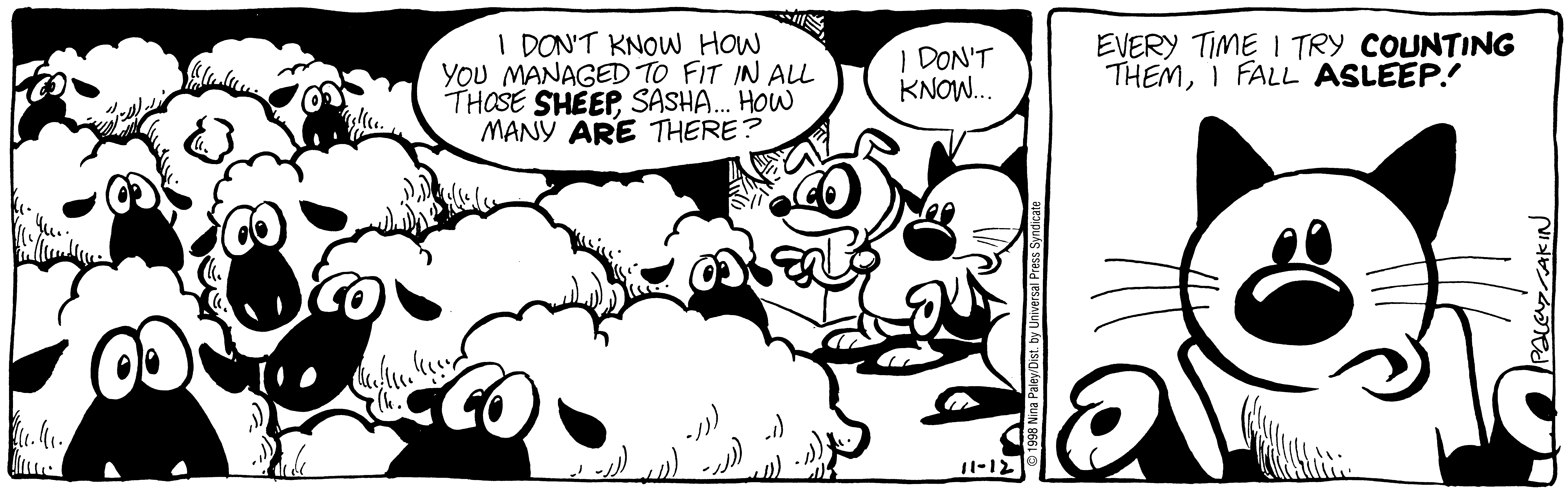 Fluff daily strip, Nov 12, 1998. Nina Paley, CC BY-SA 3.0 US. Print master from https://archive.org/details/FluffComicStrips (TIFF converted losslessly to PNG for the web).