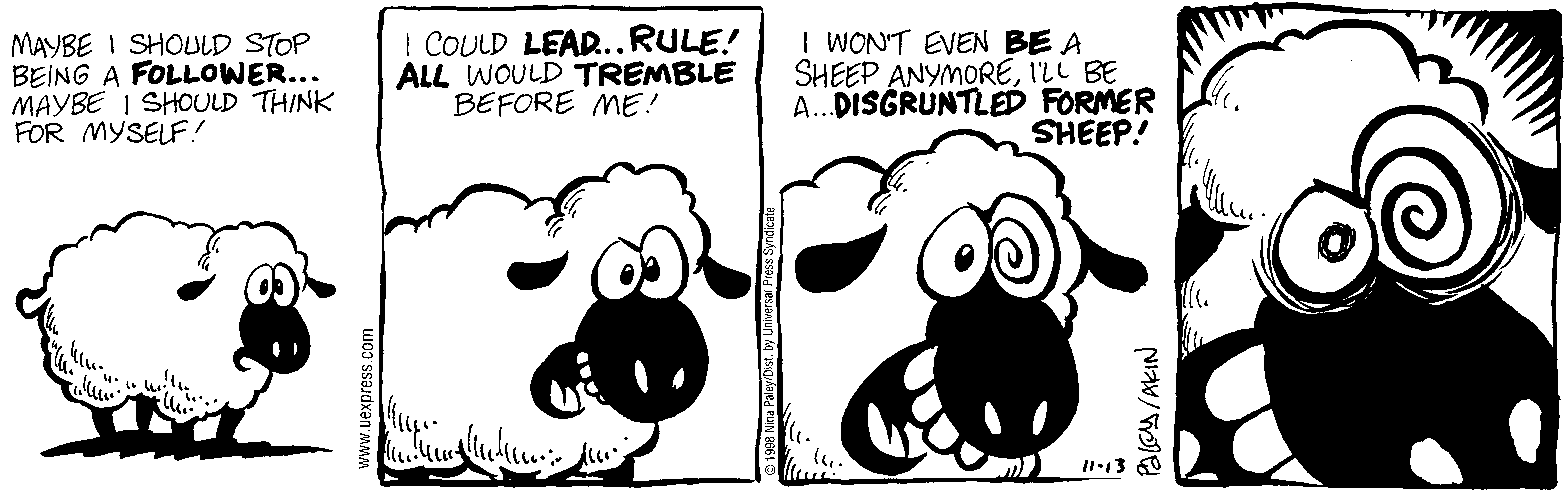 Fluff daily strip, Nov 13, 1998. Nina Paley, CC BY-SA 3.0 US. Print master from https://archive.org/details/FluffComicStrips (TIFF converted losslessly to PNG for the web).