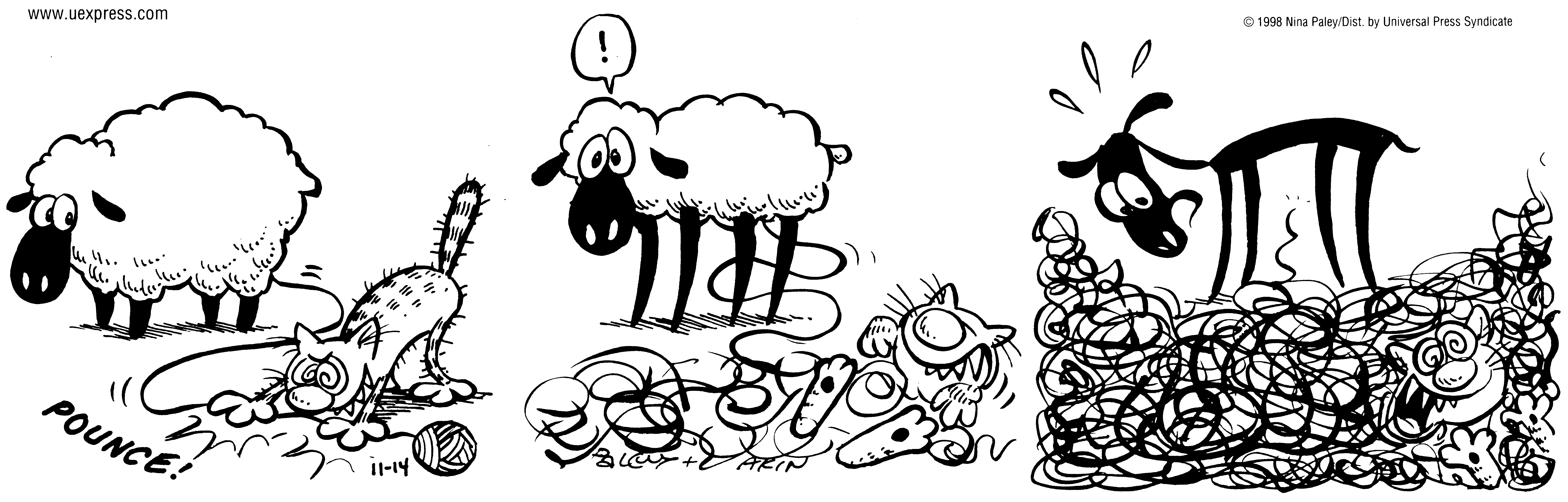 Fluff daily strip, Nov 14, 1998. Nina Paley, CC BY-SA 3.0 US. Print master from https://archive.org/details/FluffComicStrips (TIFF converted losslessly to PNG for the web).