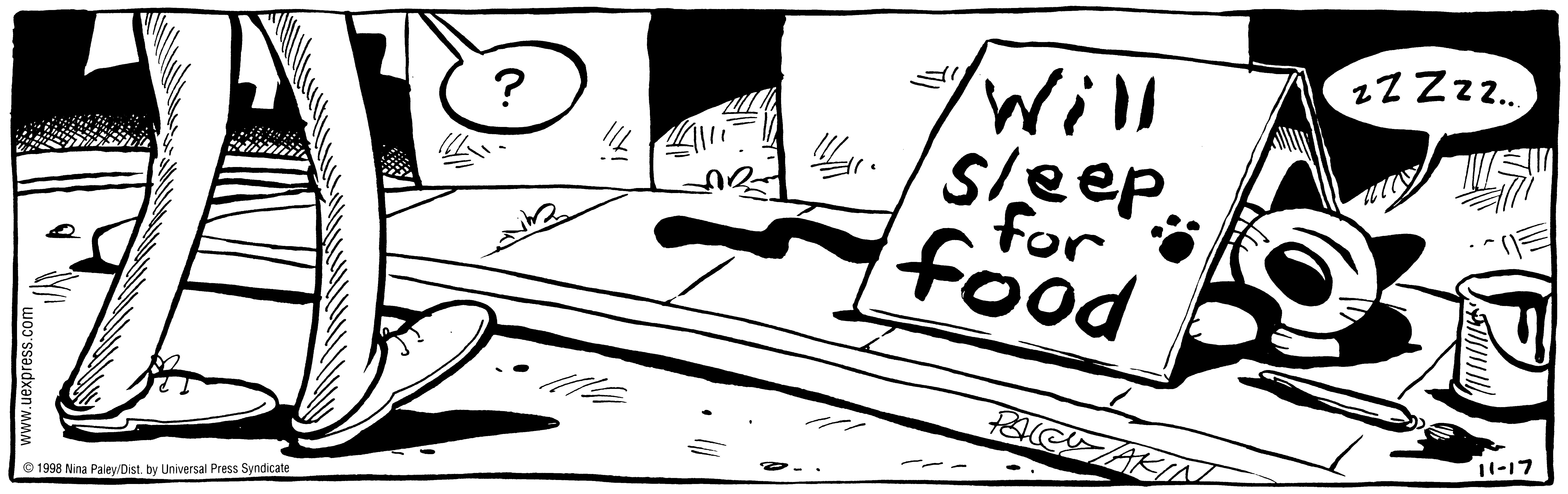 Fluff daily strip, Nov 17, 1998. Nina Paley, CC BY-SA 3.0 US. Print master from https://archive.org/details/FluffComicStrips (TIFF converted losslessly to PNG for the web).