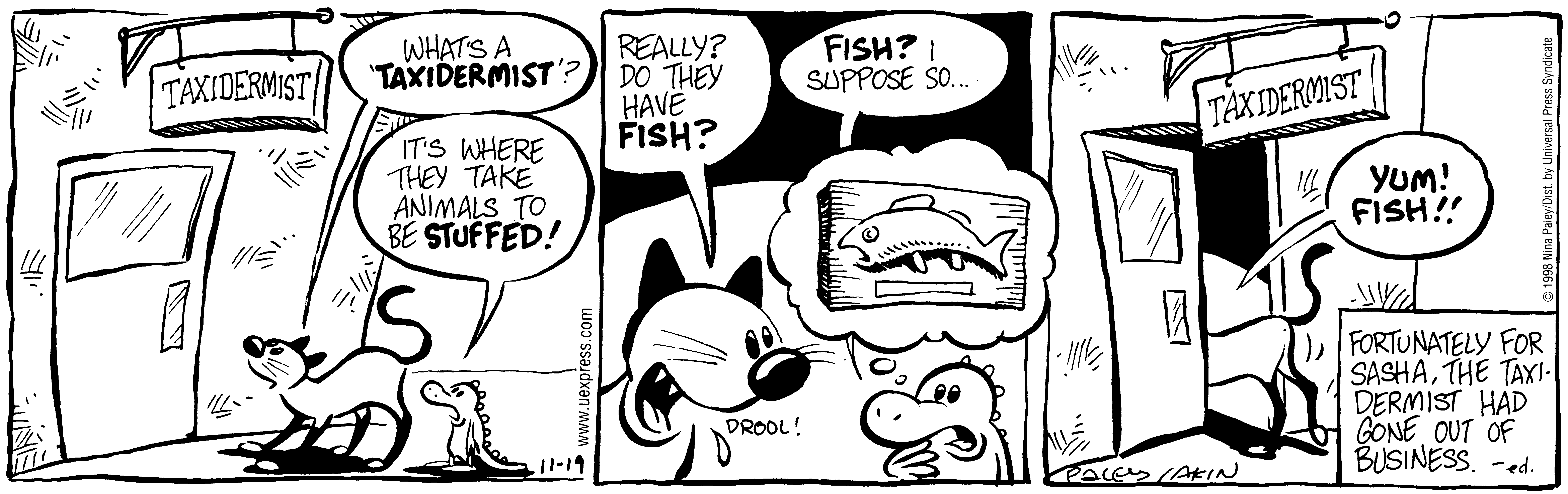 Fluff daily strip, Nov 19, 1998. Nina Paley, CC BY-SA 3.0 US. Print master from https://archive.org/details/FluffComicStrips (TIFF converted losslessly to PNG for the web).
