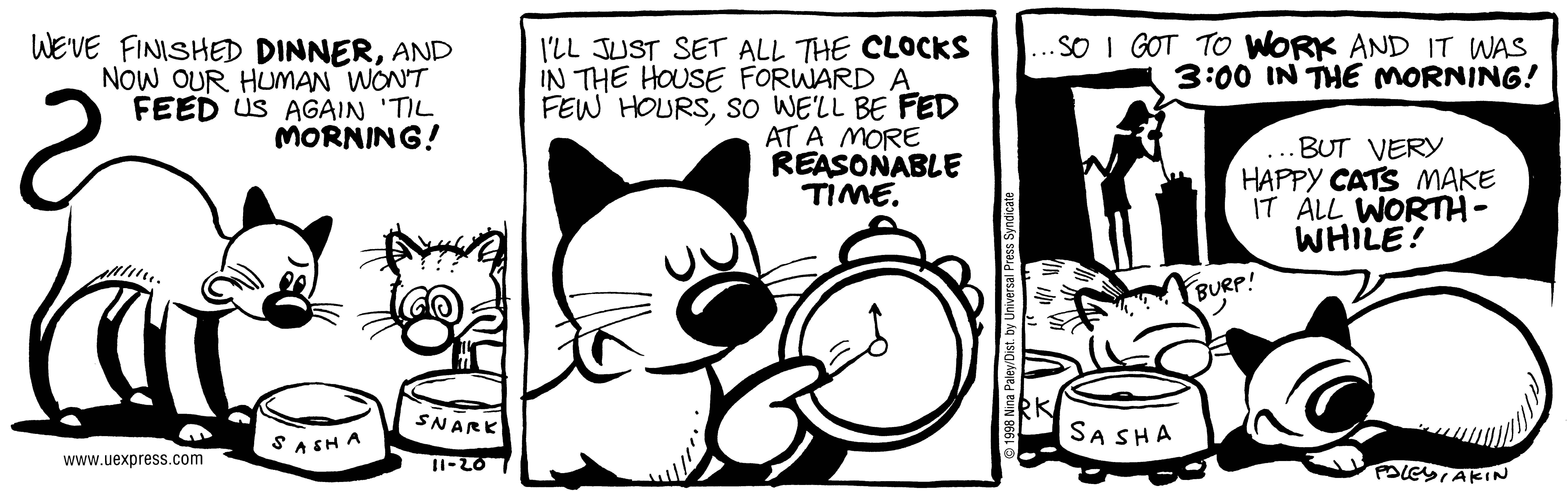 Fluff daily strip, Nov 20, 1998. Nina Paley, CC BY-SA 3.0 US. Print master from https://archive.org/details/FluffComicStrips (TIFF converted losslessly to PNG for the web).