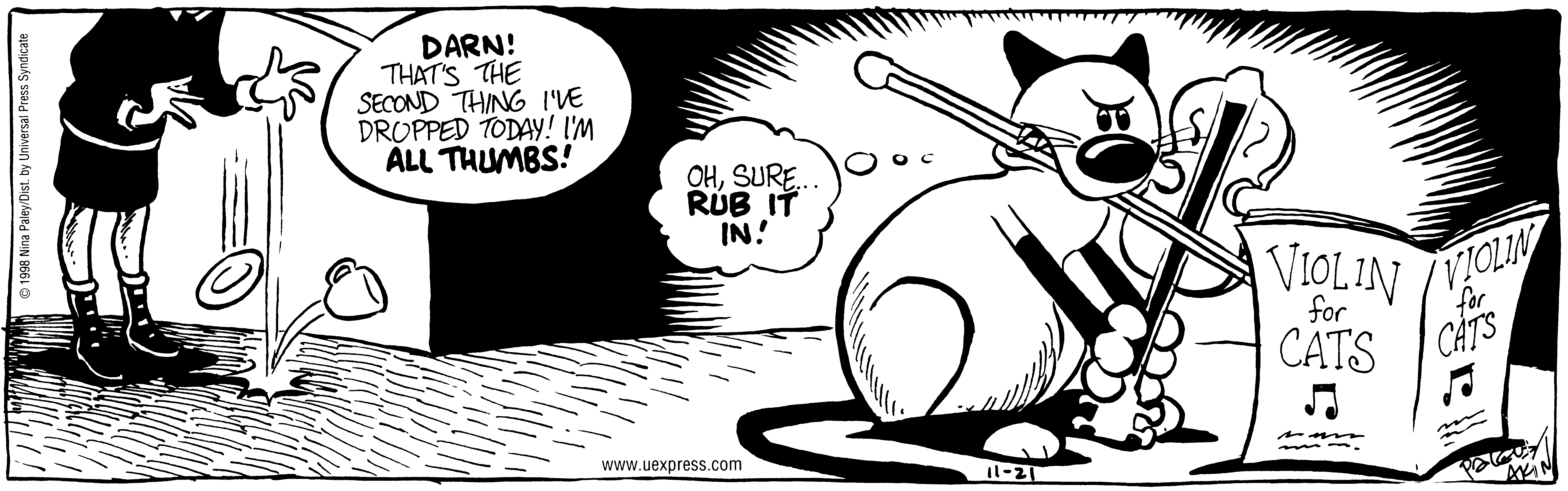 Fluff daily strip, Nov 21, 1998. Nina Paley, CC BY-SA 3.0 US. Print master from https://archive.org/details/FluffComicStrips (TIFF converted losslessly to PNG for the web).