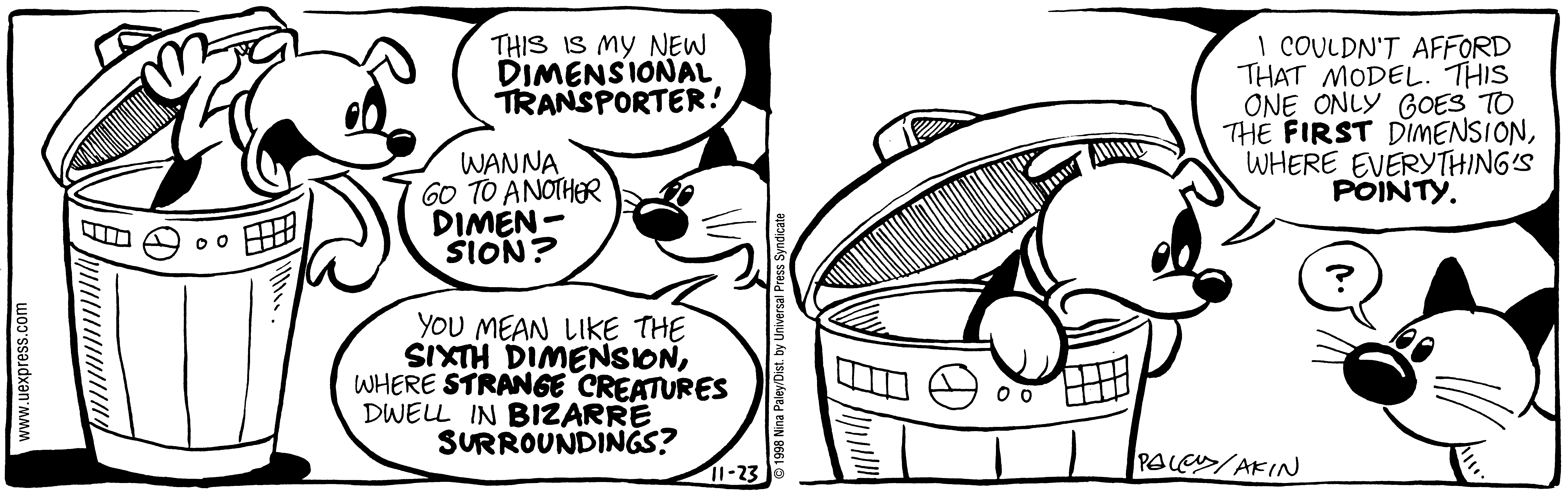 Fluff daily strip, Nov 23, 1998. Nina Paley, CC BY-SA 3.0 US. Print master from https://archive.org/details/FluffComicStrips (TIFF converted losslessly to PNG for the web).
