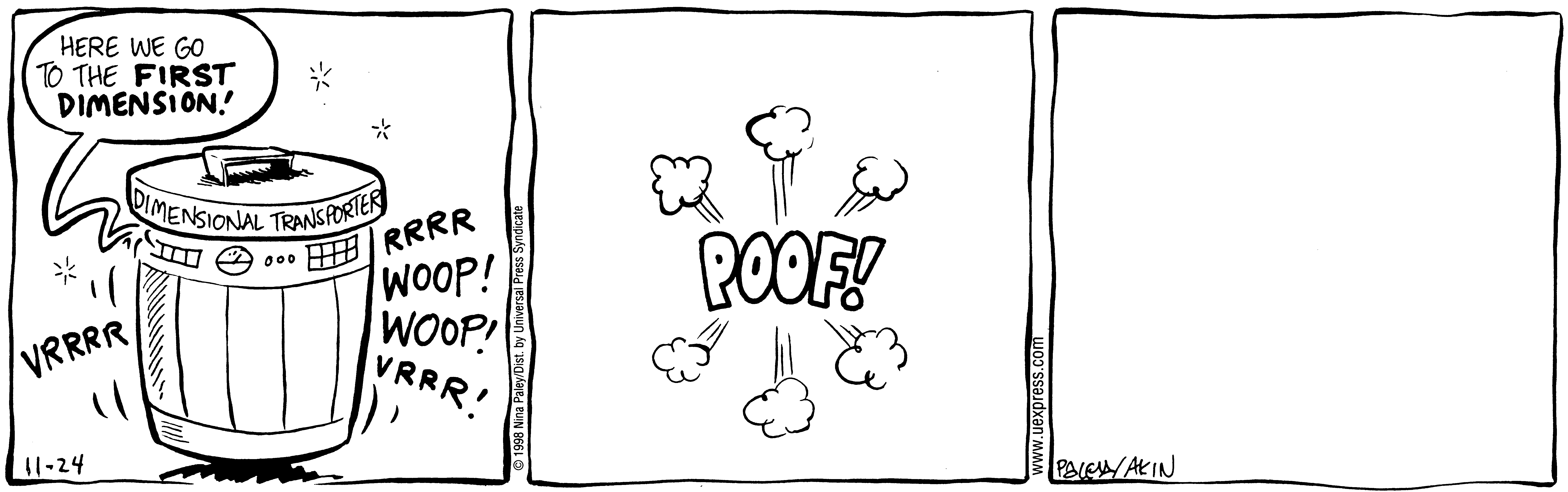 Fluff daily strip, Nov 24, 1998. Nina Paley, CC BY-SA 3.0 US. Print master from https://archive.org/details/FluffComicStrips (TIFF converted losslessly to PNG for the web).