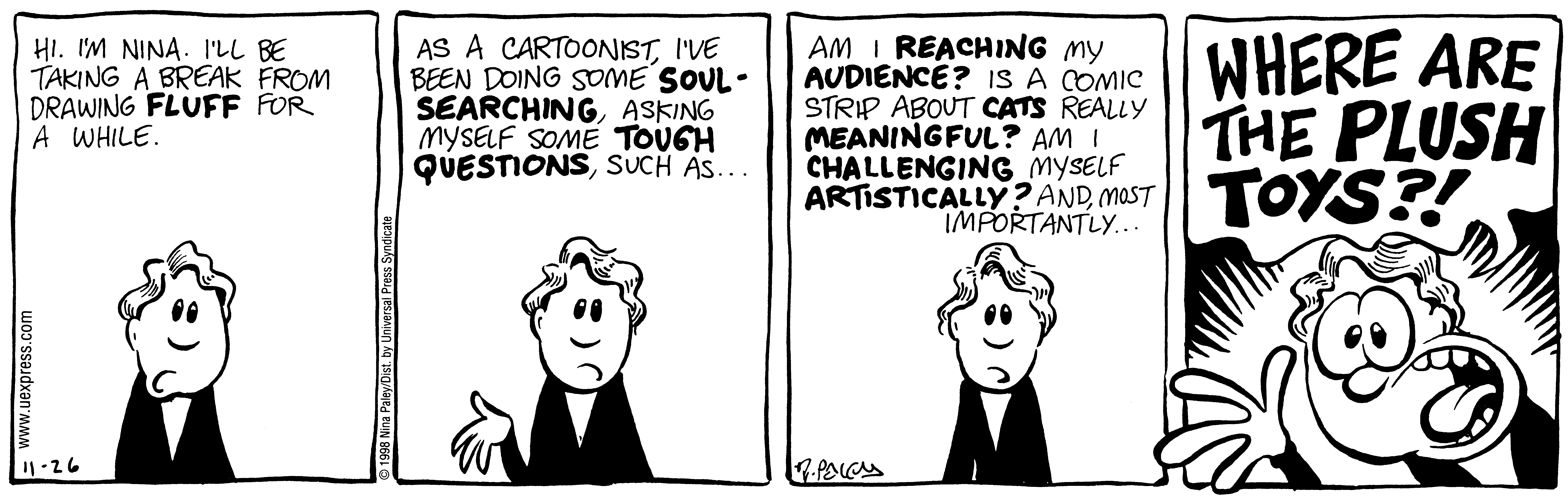 Fluff daily strip, Nov 26, 1998. Nina Paley, CC BY-SA 3.0 US. Print master from https://archive.org/details/FluffComicStrips (TIFF converted losslessly to PNG for the web).