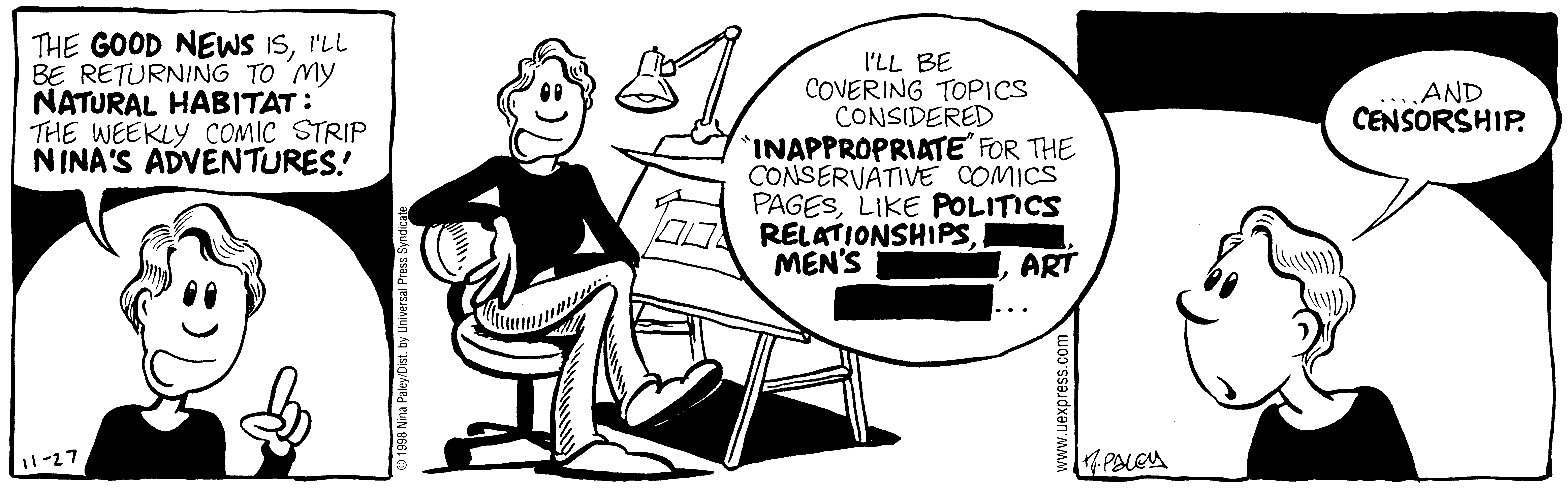 Fluff daily strip, Nov 27, 1998. Nina Paley, CC BY-SA 3.0 US. Print master from https://archive.org/details/FluffComicStrips (TIFF converted losslessly to PNG for the web).