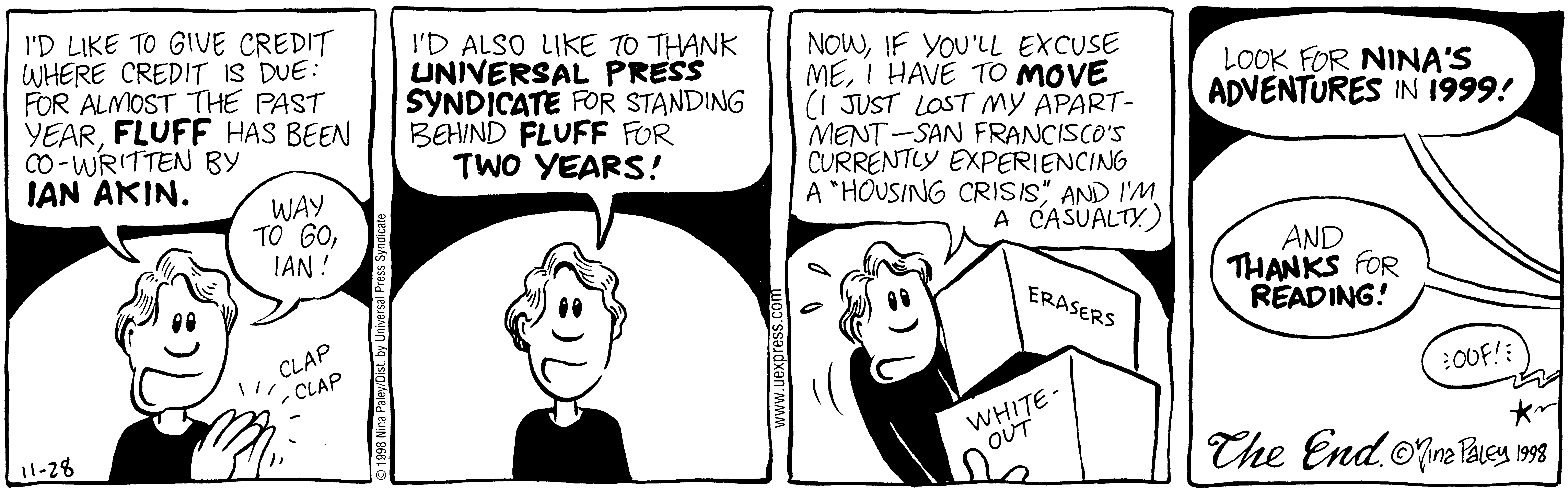 Fluff daily strip, Nov 28, 1998. Nina Paley, CC BY-SA 3.0 US. Print master from https://archive.org/details/FluffComicStrips (TIFF converted losslessly to PNG for the web).