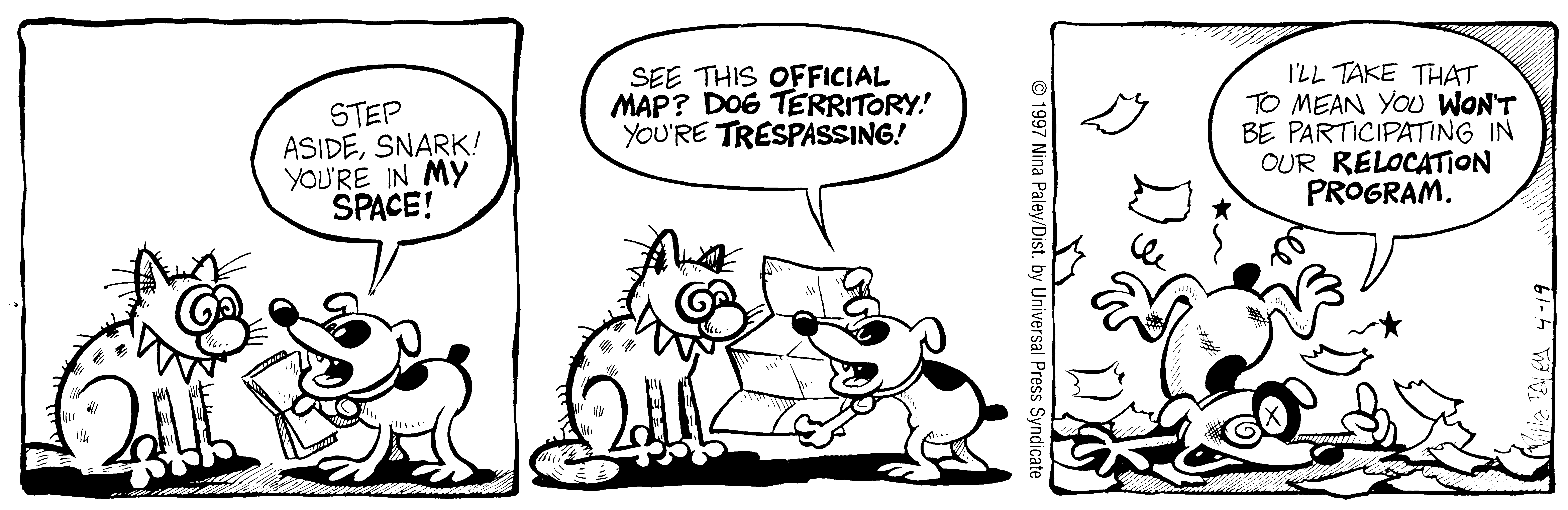 Fluff daily strip, Apr 19, 1997. Nina Paley, CC BY-SA 3.0 US. Print master from https://archive.org/details/FluffComicStrips (TIFF converted losslessly to PNG for the web).