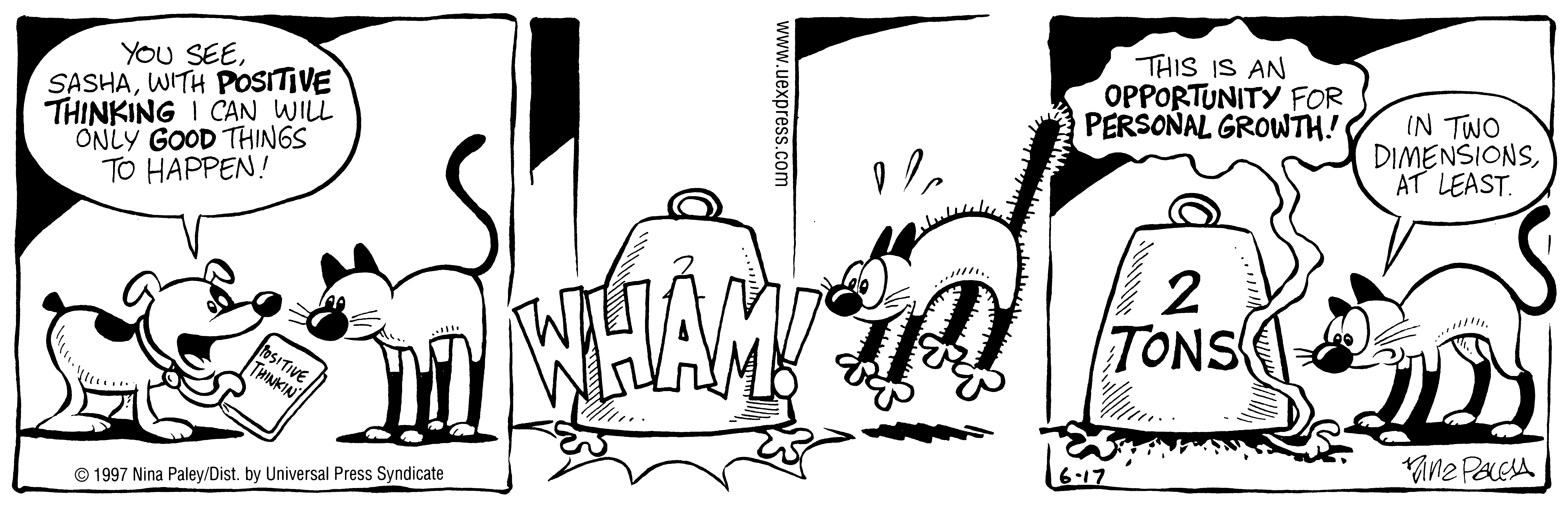 Fluff daily strip, Jun 17, 1997. Nina Paley, CC BY-SA 3.0 US. Print master from https://archive.org/details/FluffComicStrips (TIFF converted losslessly to PNG for the web).
