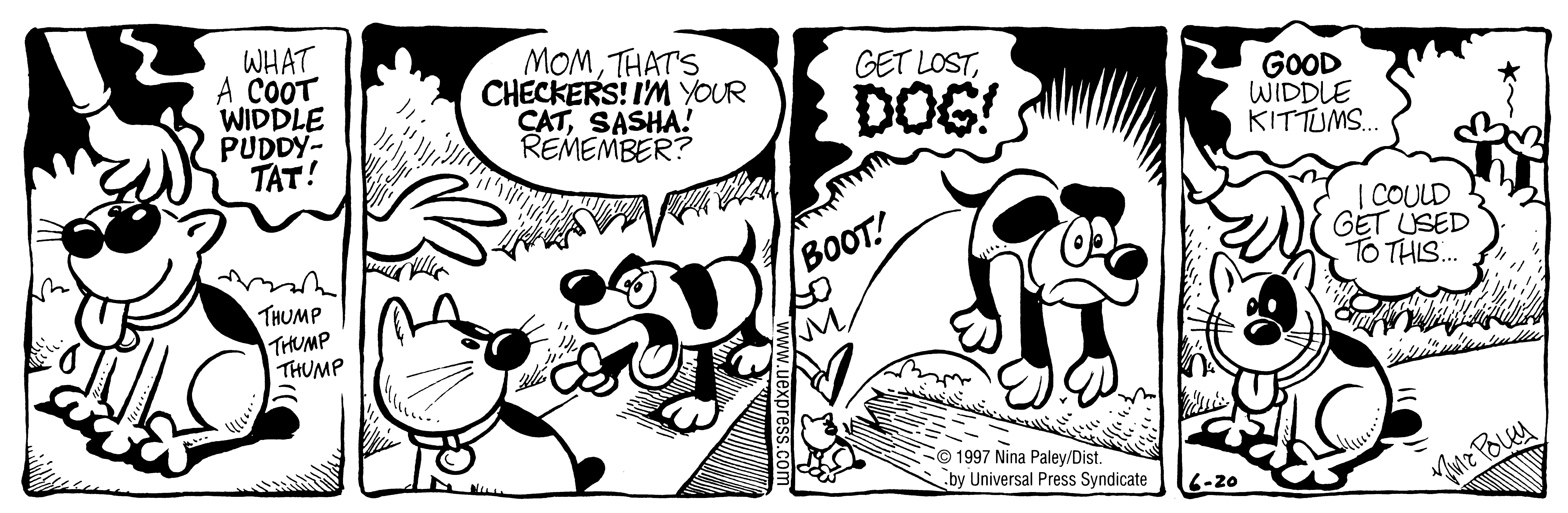 Fluff daily strip, Jun 20, 1997. Nina Paley, CC BY-SA 3.0 US. Print master from https://archive.org/details/FluffComicStrips (TIFF converted losslessly to PNG for the web).