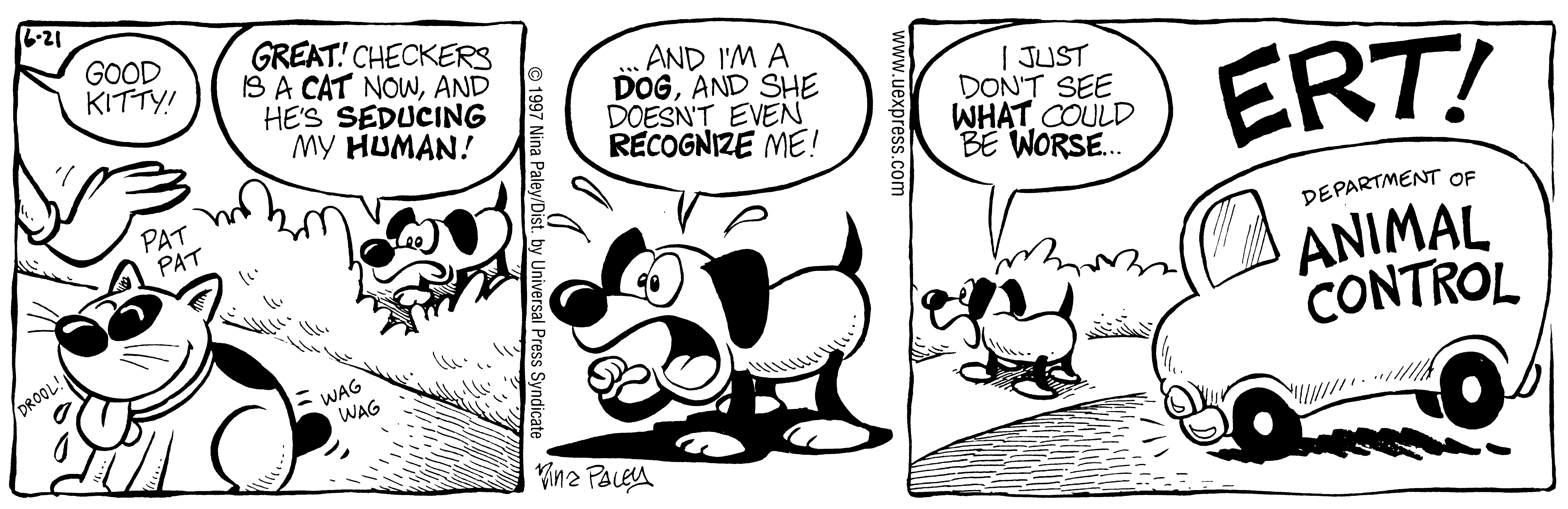 Fluff daily strip, Jun 21, 1997. Nina Paley, CC BY-SA 3.0 US. Print master from https://archive.org/details/FluffComicStrips (TIFF converted losslessly to PNG for the web).
