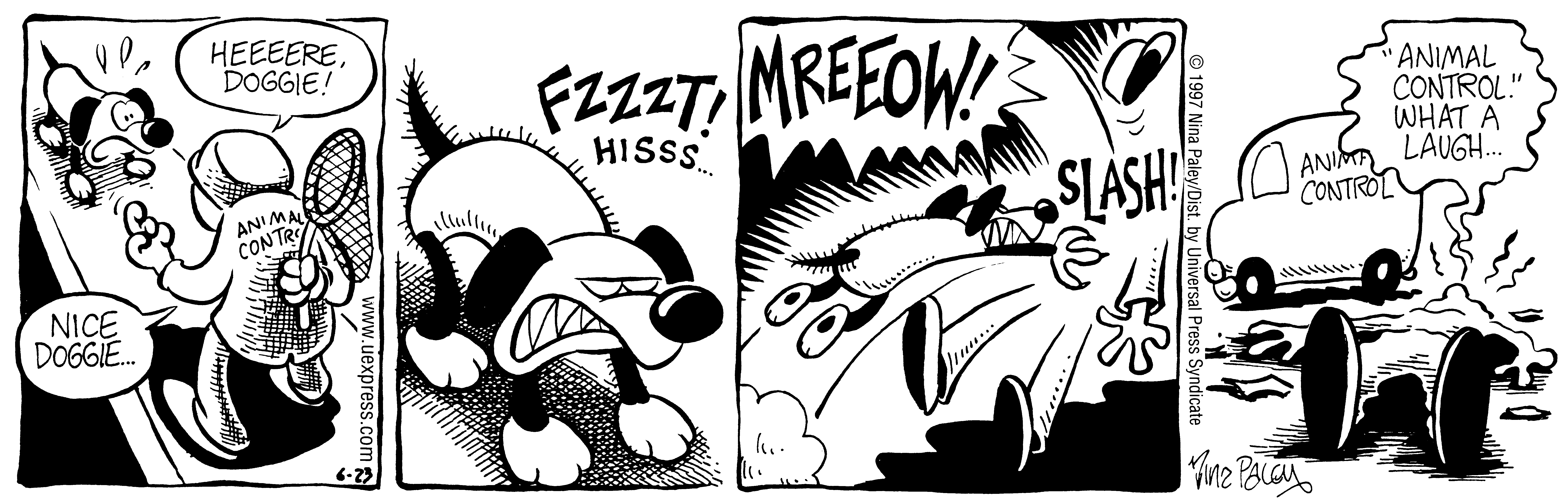 Fluff daily strip, Jun 23, 1997. Nina Paley, CC BY-SA 3.0 US. Print master from https://archive.org/details/FluffComicStrips (TIFF converted losslessly to PNG for the web).